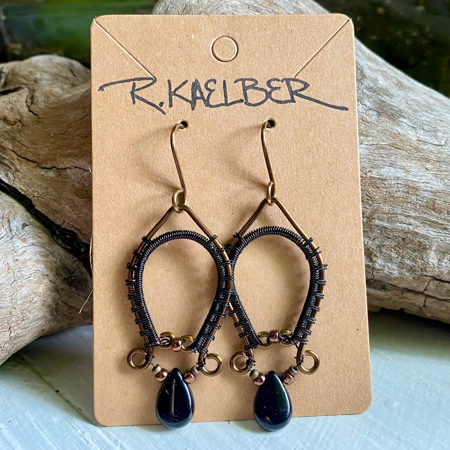 Onyx and Antique Bronze Dangle Earrings - R.Kaelber Art