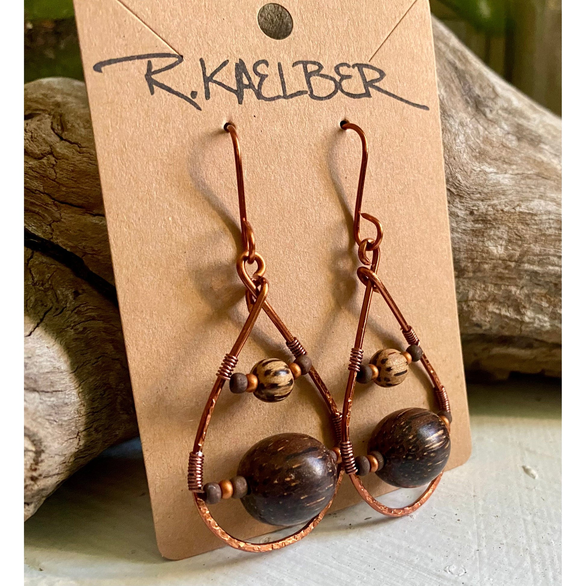 Wood and Copper Teardrop Earrings - R.Kaelber Art