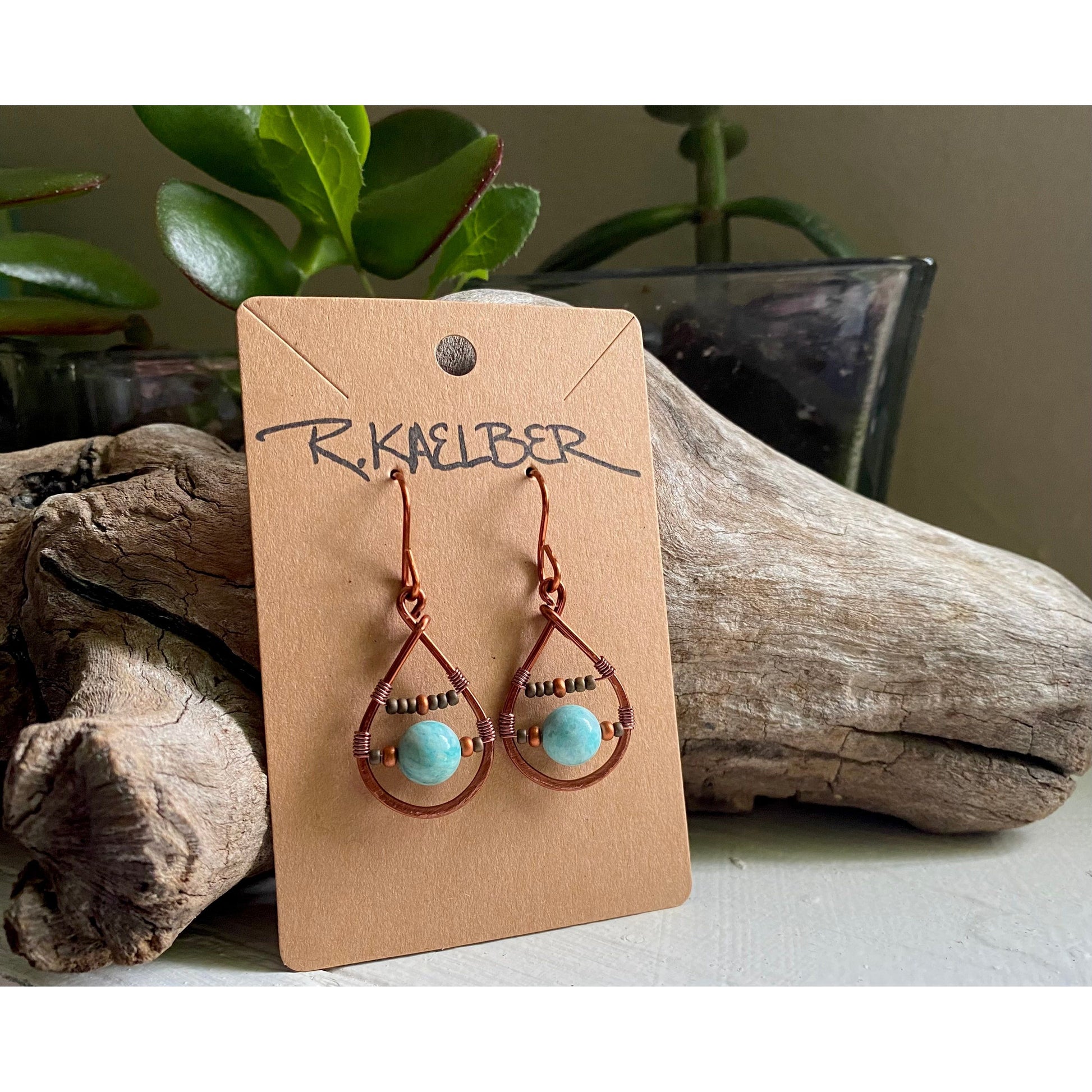 Amazonite Teardrop Earrings with Copper and Seedbeads - R.Kaelber Art