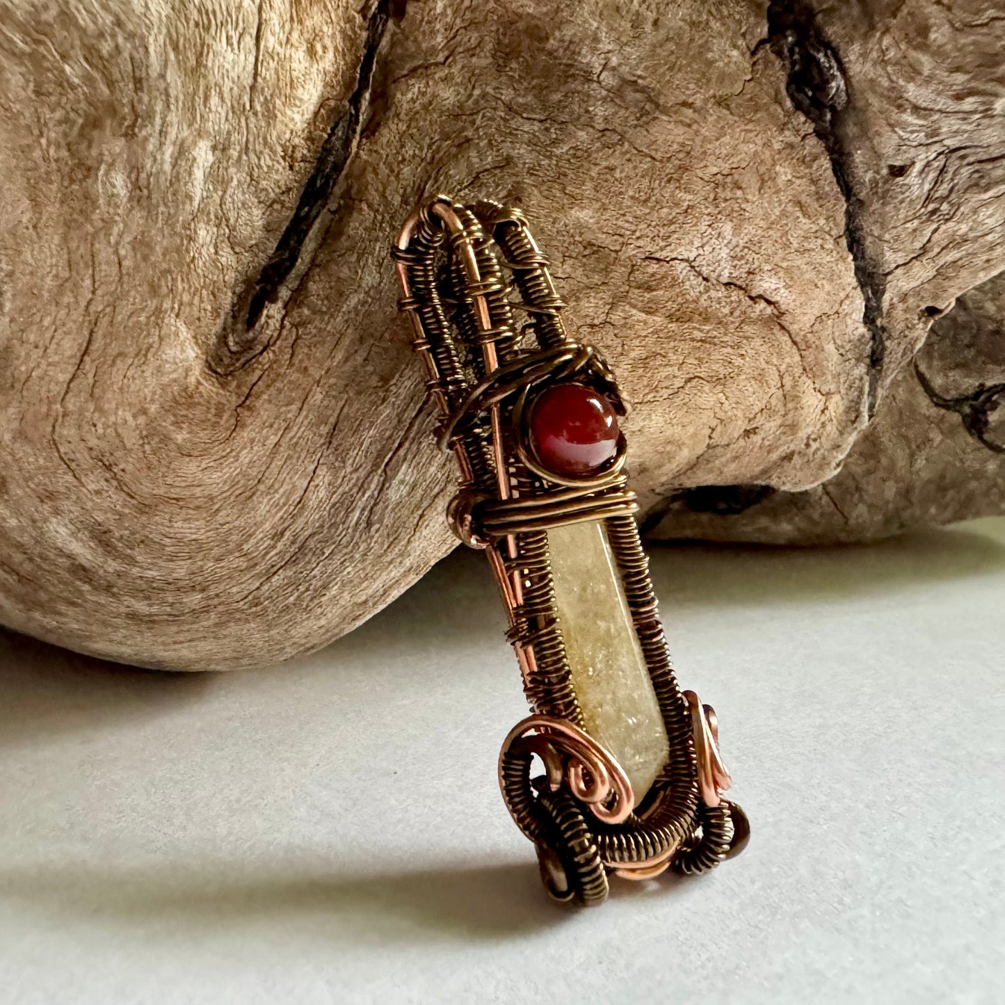 Citrine and Carnelian Wire Wrapped Pendant with Copper and Antique Bronze - R.Kaelber Art