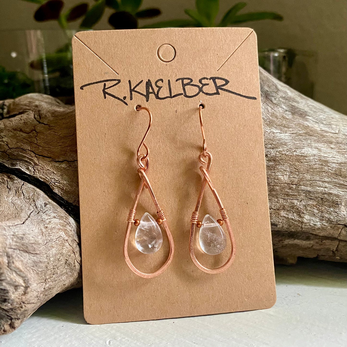 Fluorite Teardrop Earrings with Hammered Copper - R.Kaelber Art