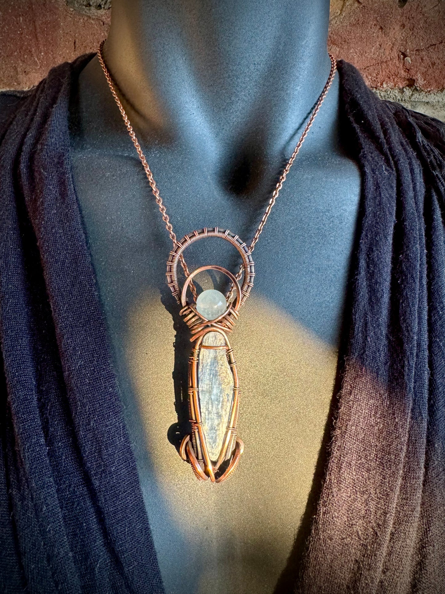 Aquamarine, Kyanite, and Copper Circular Pendant