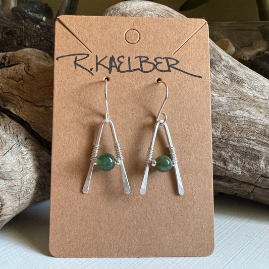 Moss Agate and Sterling Silver Hammered A-Frame Earrings