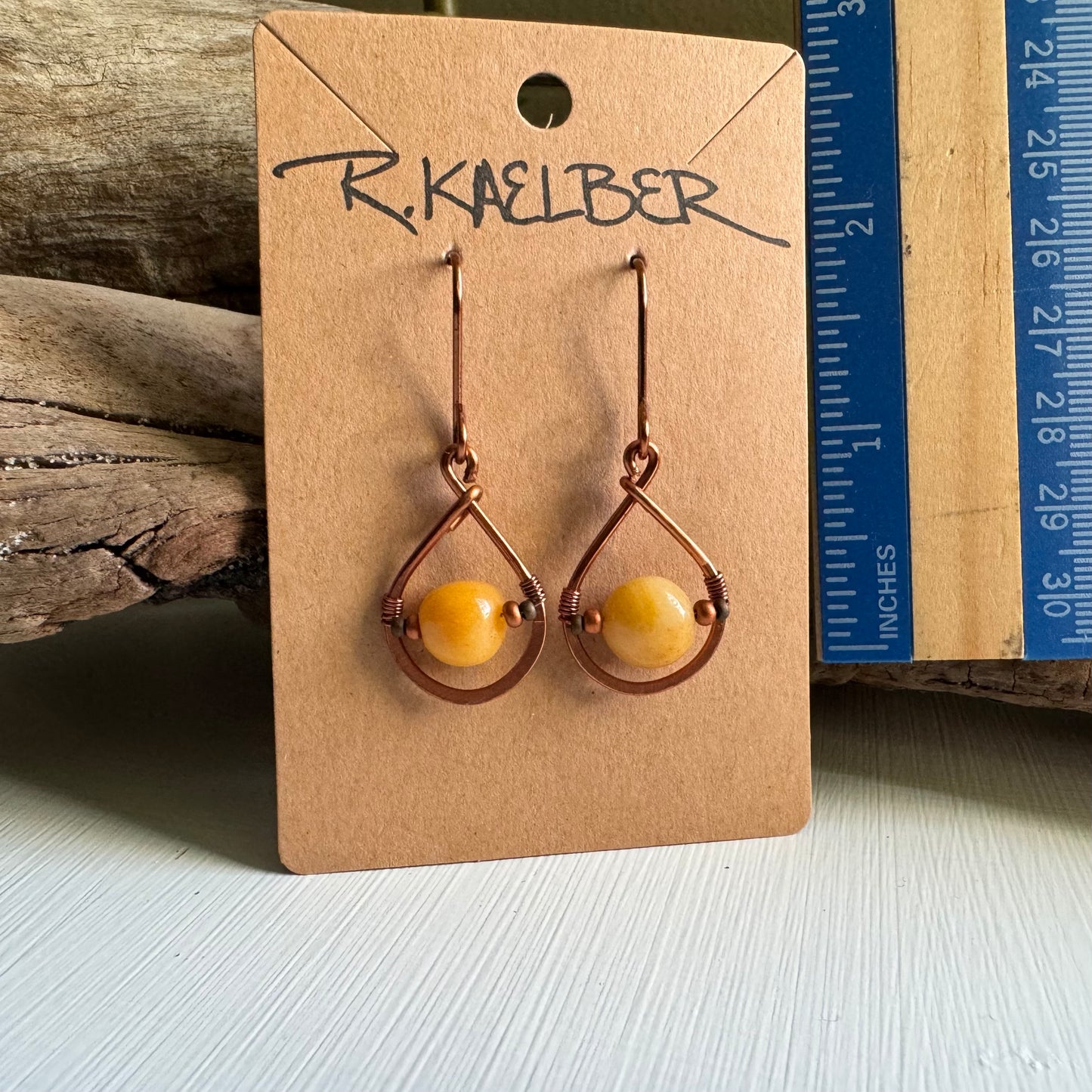 Yellow Jade and Copper Teardrop Earrings - R.Kaelber Art