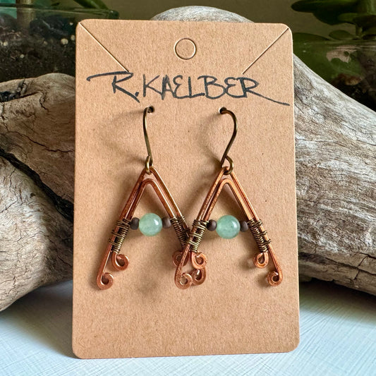 Aventurine Hammered Copper and Antiques Bronze A- Frame Earrings - R.Kaelber Art