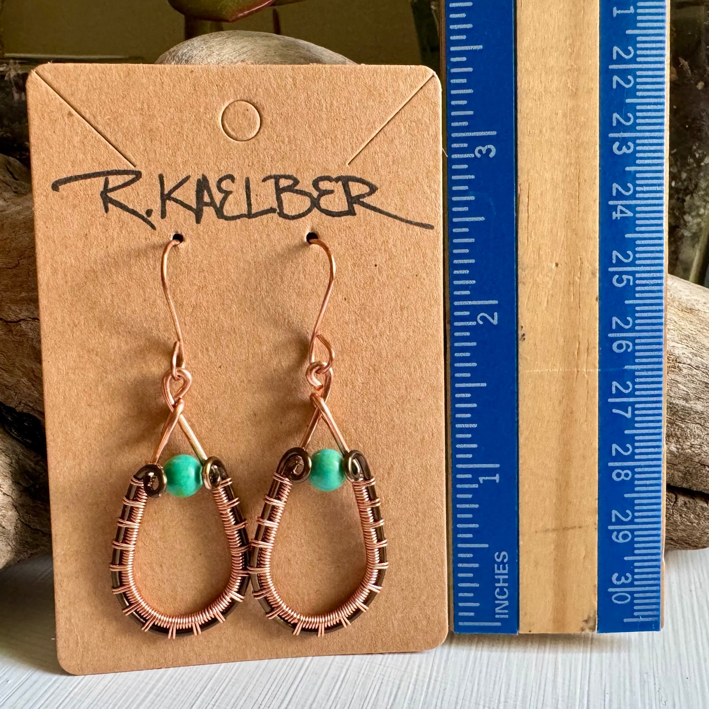 Turquoise Teardrop Earrings with Wire Wrapped Copper and Antique Bronze - R.Kaelber Art