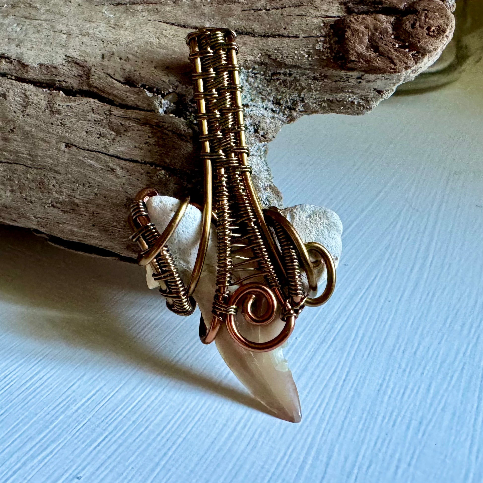 Megalodon Shark Tooth, Copper, and Antique Bronze Pendant - R.Kaelber Art