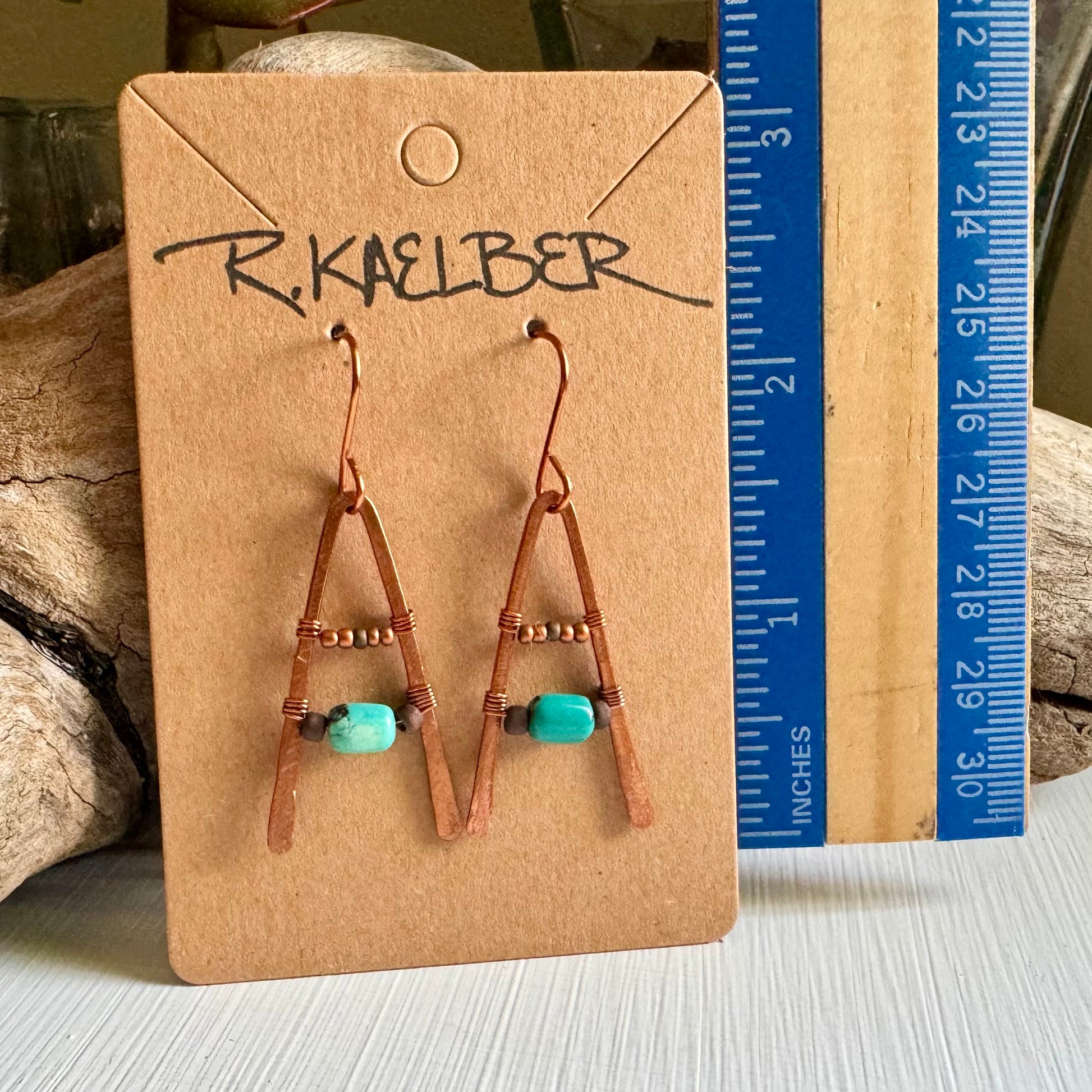 Turquoise A-Frame Earrings with Hammered Copper - R.Kaelber Art