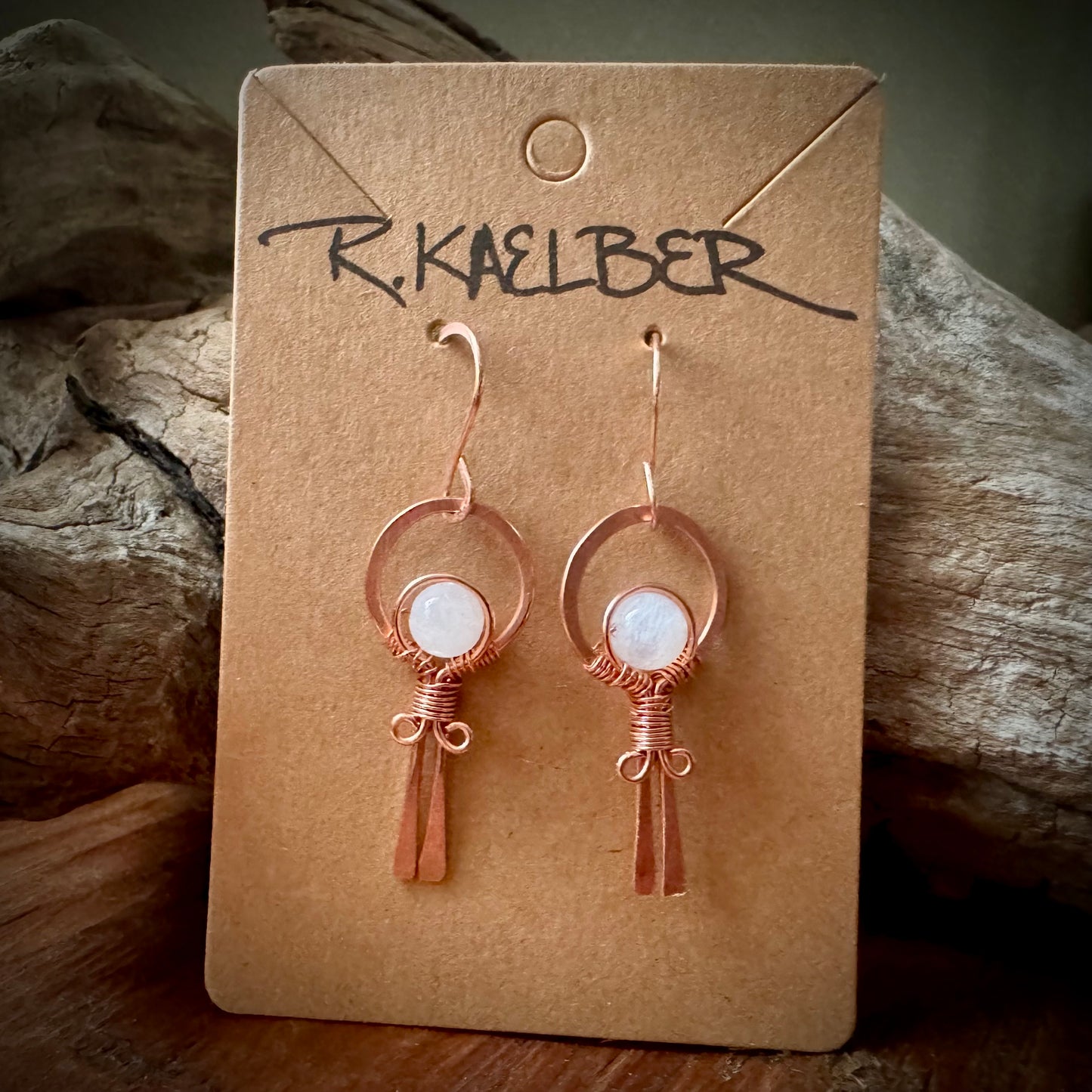 Rainbow Moonstone and Copper Lollipop Dangle Earrings