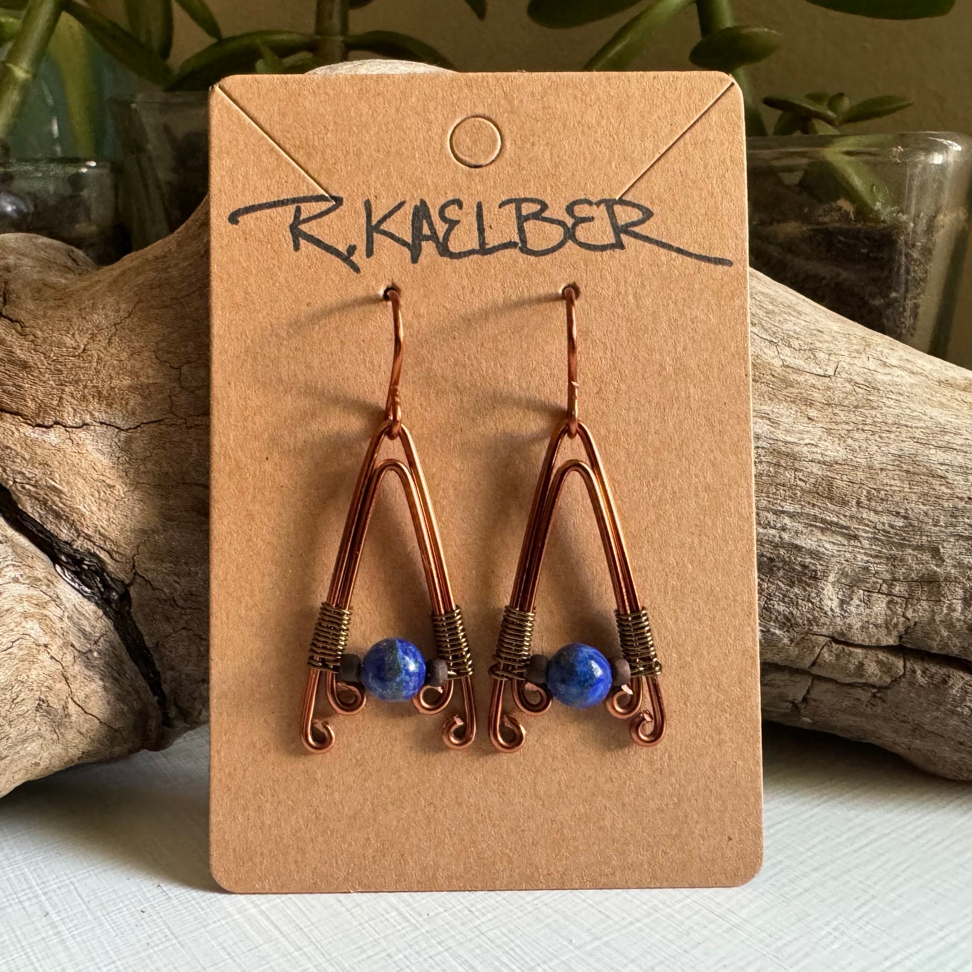 Lapis Lazuli A-Frame Earrings with Antique Copper and Bronze - R.Kaelber Art