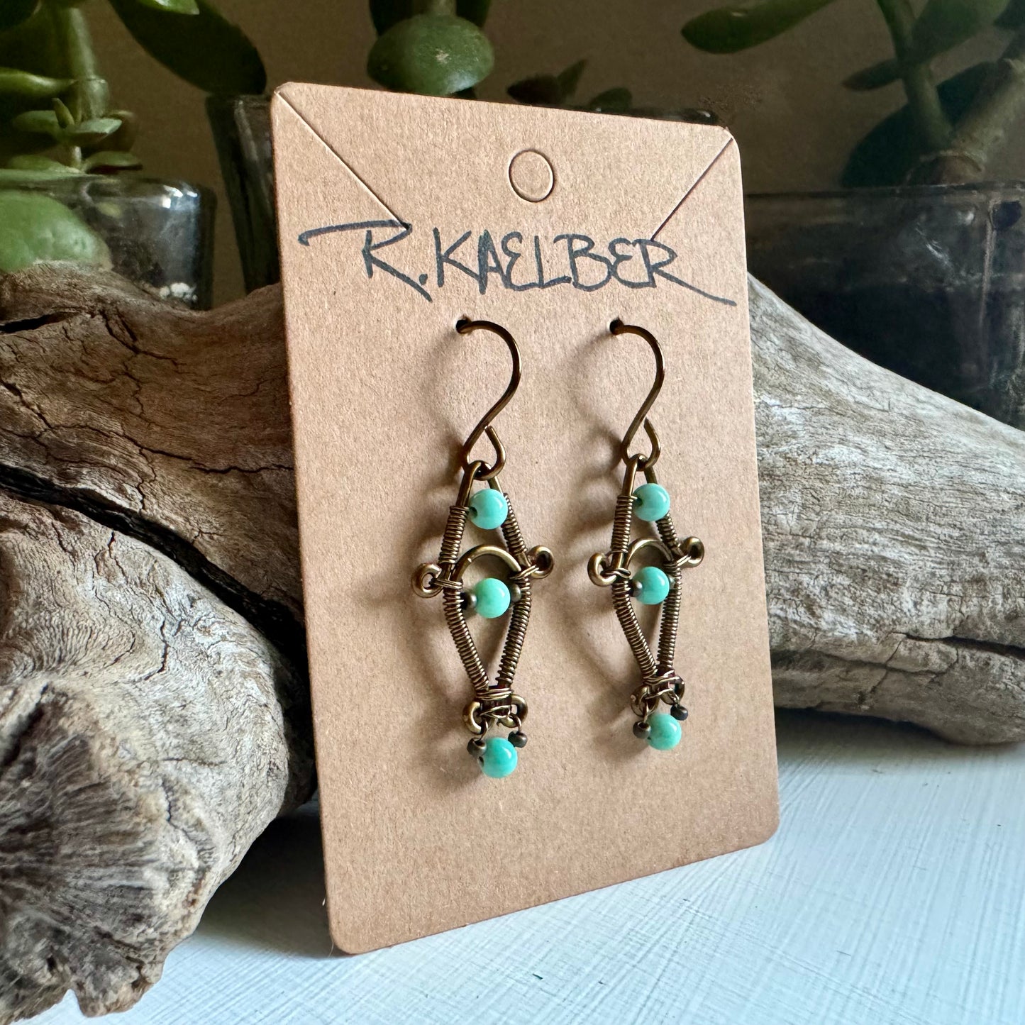 Green Opal and Antique Bronze Dangle Earrings - R.Kaelber Art