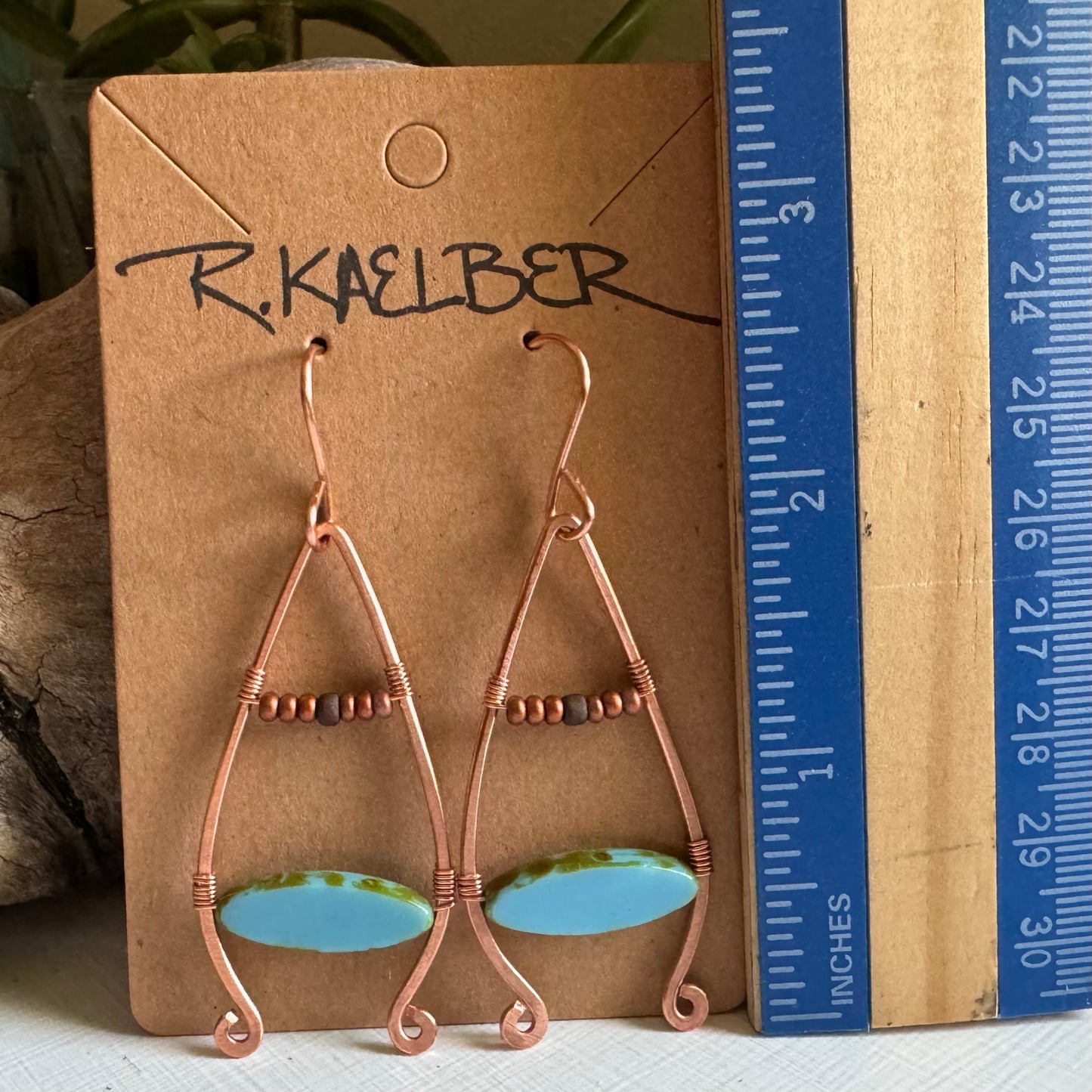 Glass (turquoise color)and Hammered Copper Dangle Earrings - R.Kaelber Art