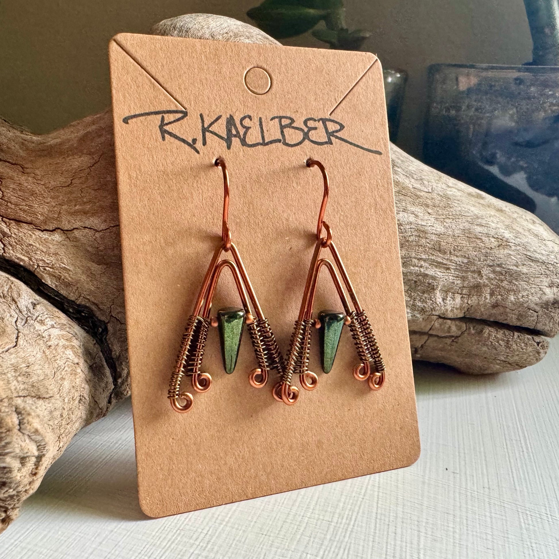 Jet, Copper, and Antique Bronze A-Frame Earrings - R.Kaelber Art