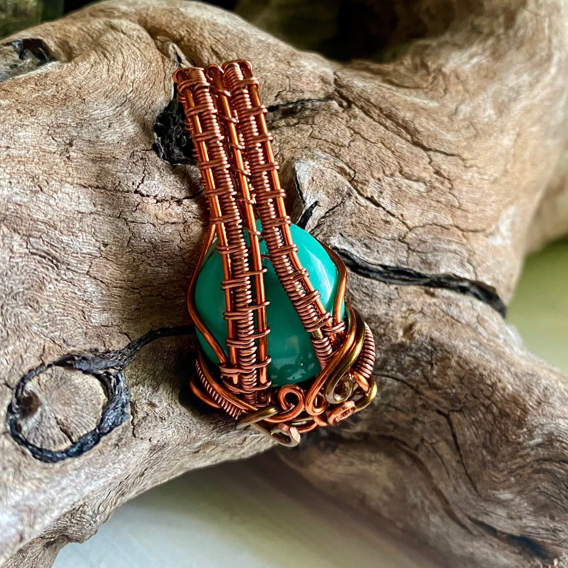 Turquoise, Copper, and Antique Bronze Pendant - R.Kaelber Art