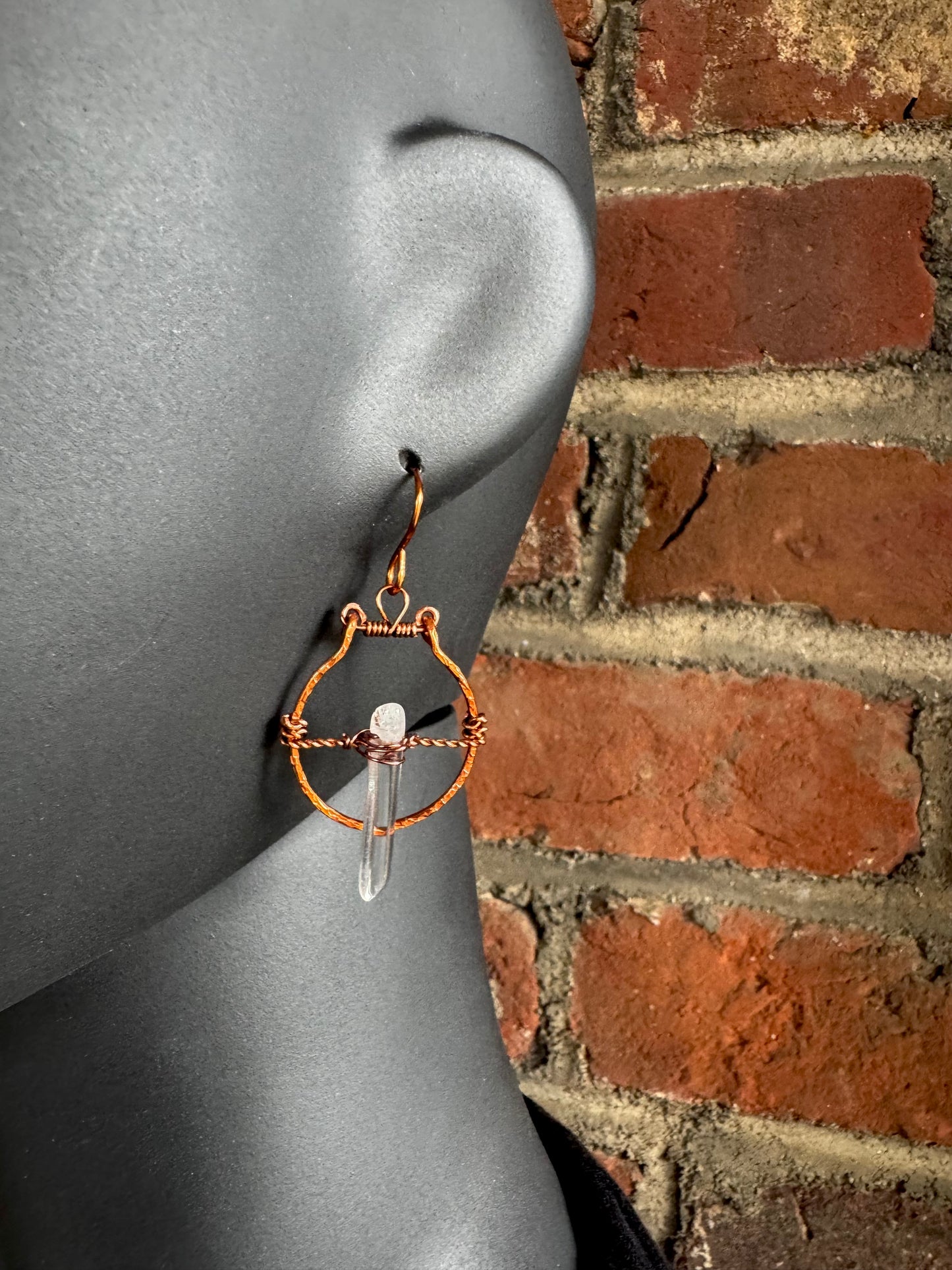 Clear Quartz and Copper Wire Wrapped Dangle Earrings