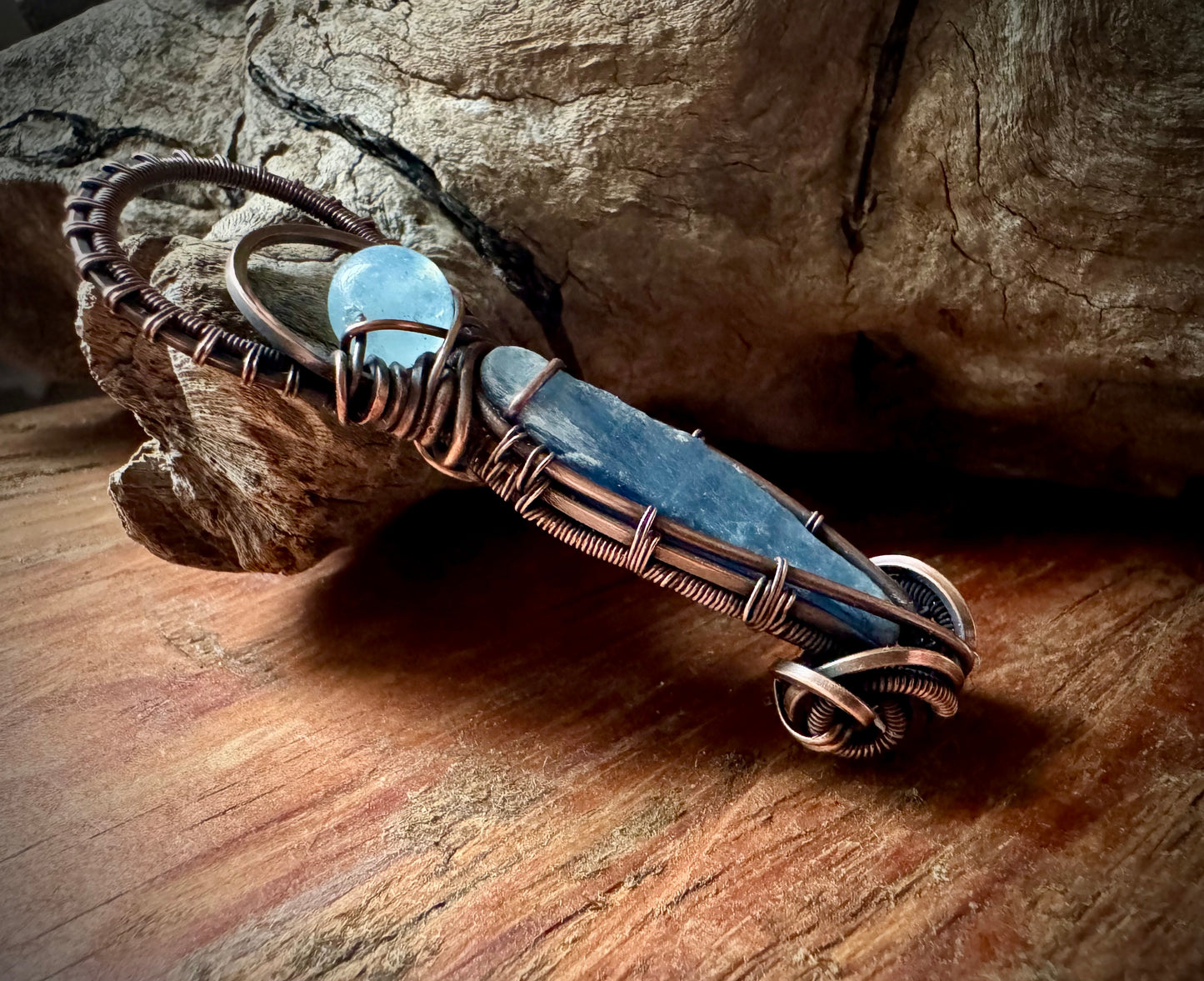 Aquamarine, Kyanite, and Copper Circular Pendant