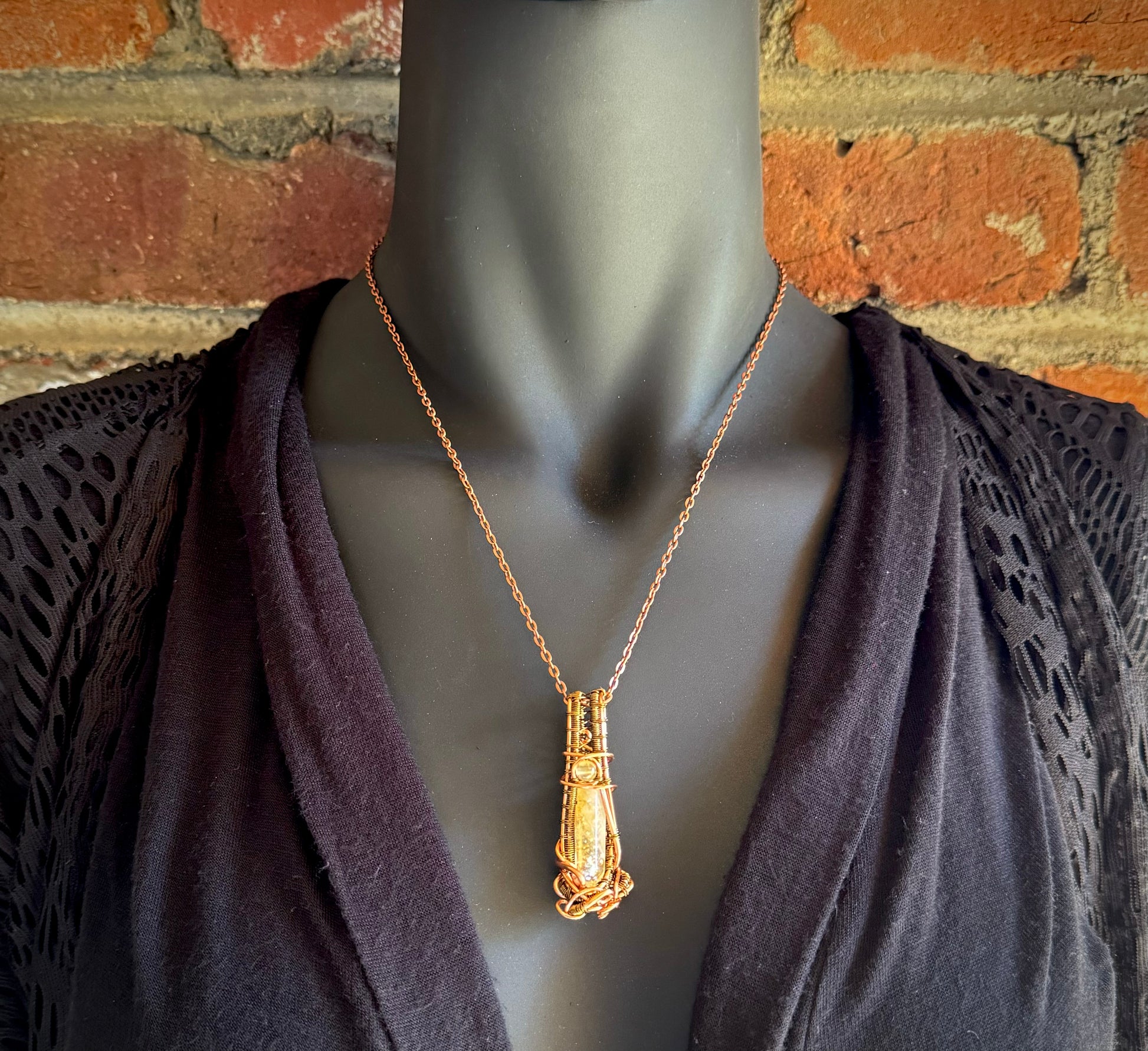 Prehnite and Citrine Pendant Wrapped in Antique Copper and Bronze - R.Kaelber Art