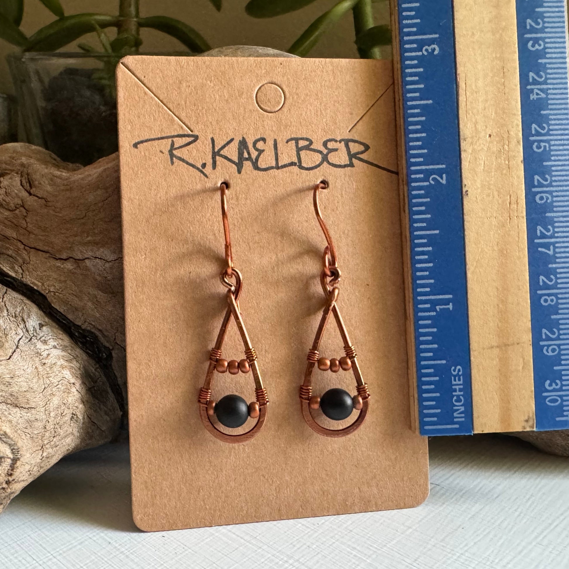 Onyx and Copper Teardrop Earrings - R.Kaelber Art