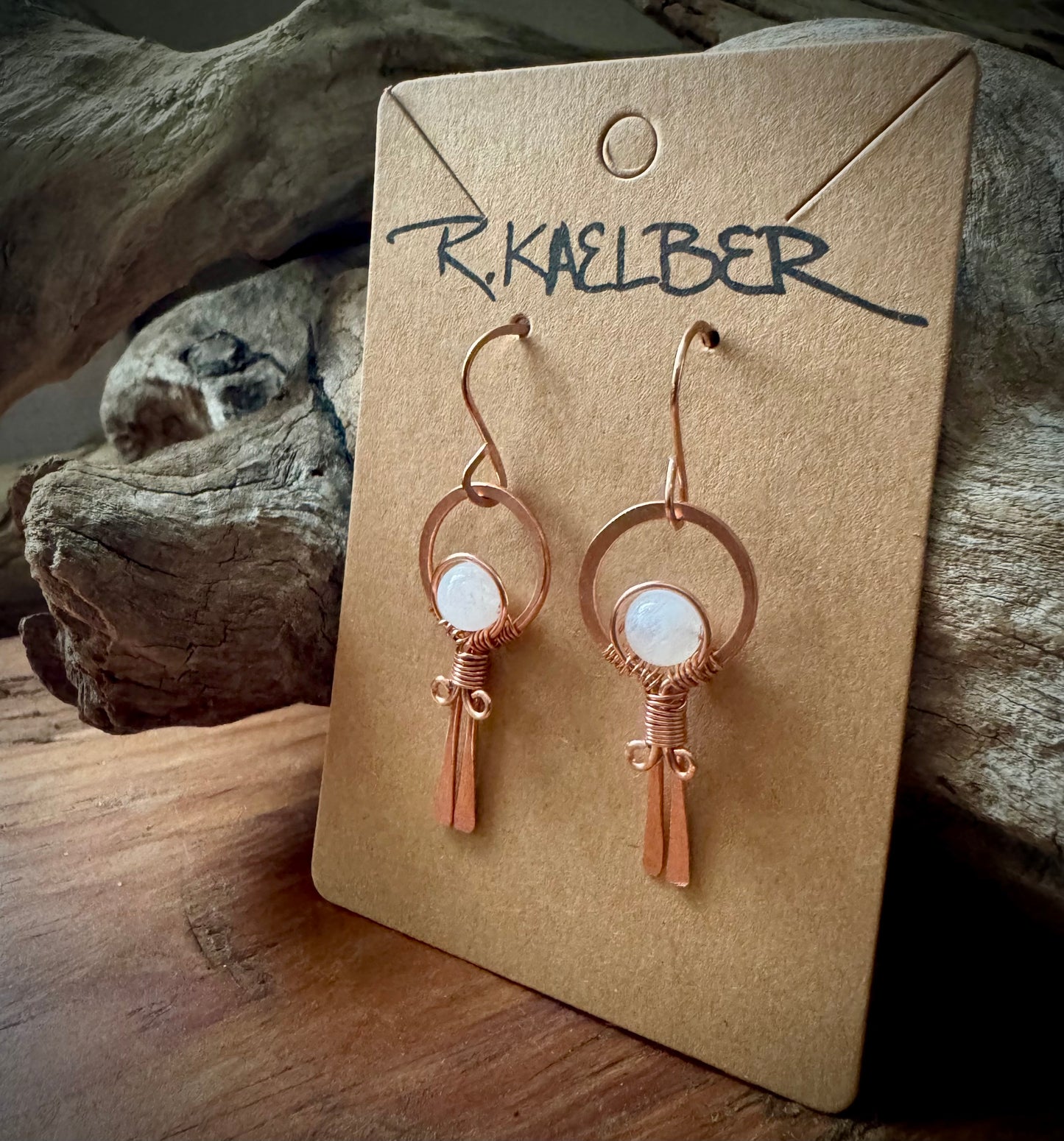 Rainbow Moonstone and Copper Lollipop Dangle Earrings