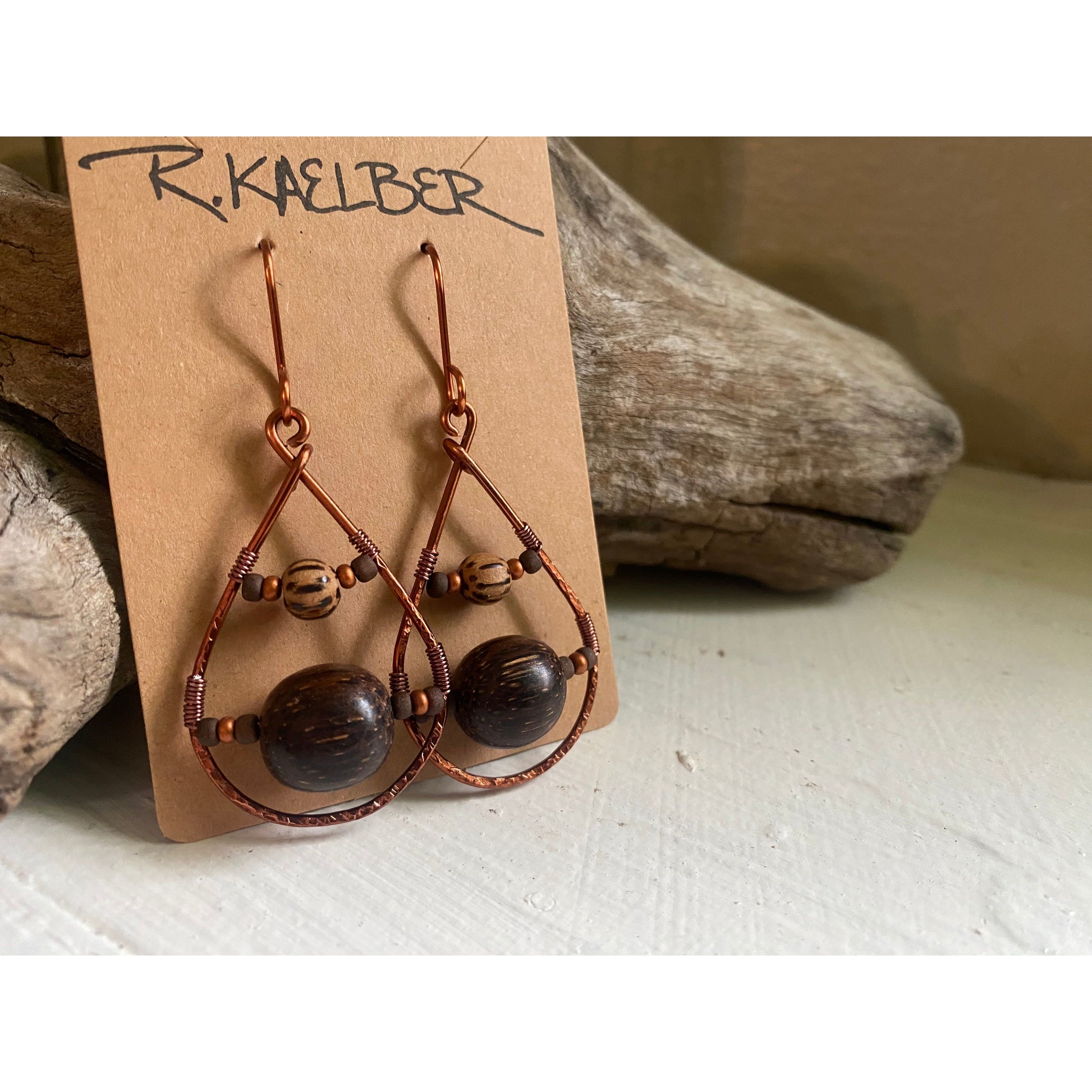 Wood and Copper Teardrop Earrings - R.Kaelber Art