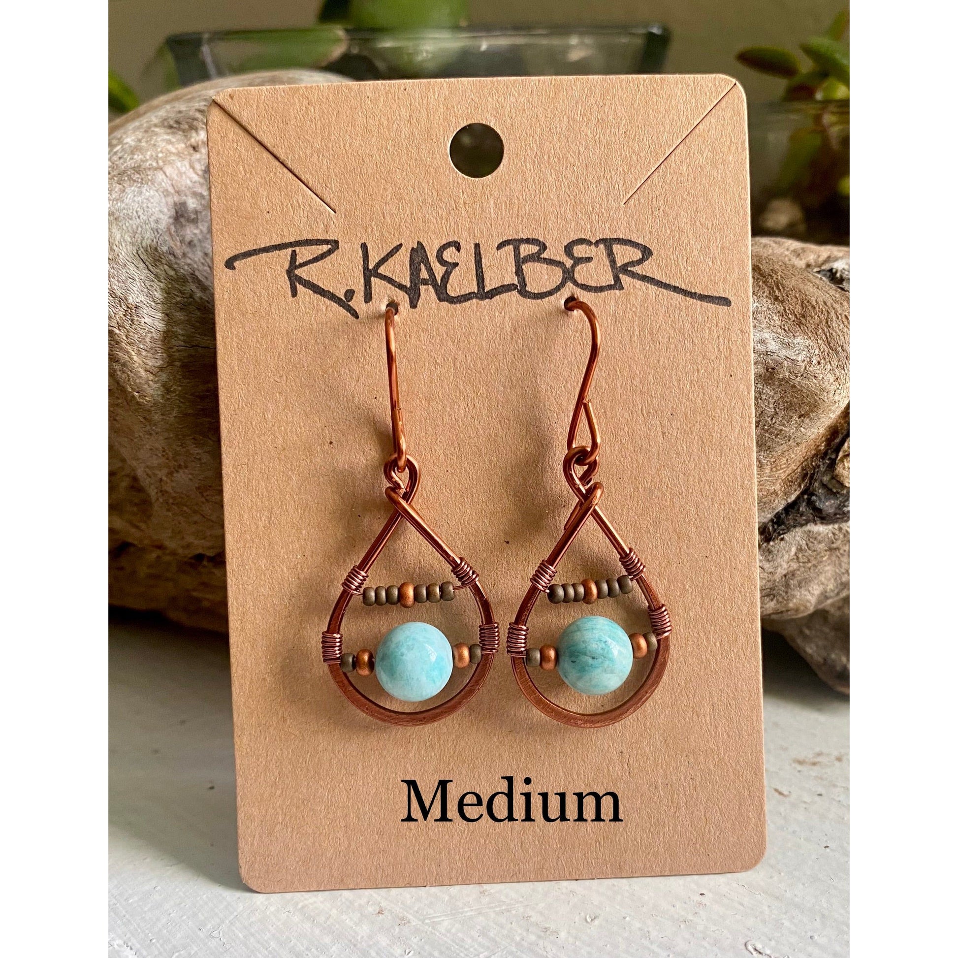 Amazonite Teardrop Earrings with Copper and Seedbeads - R.Kaelber Art