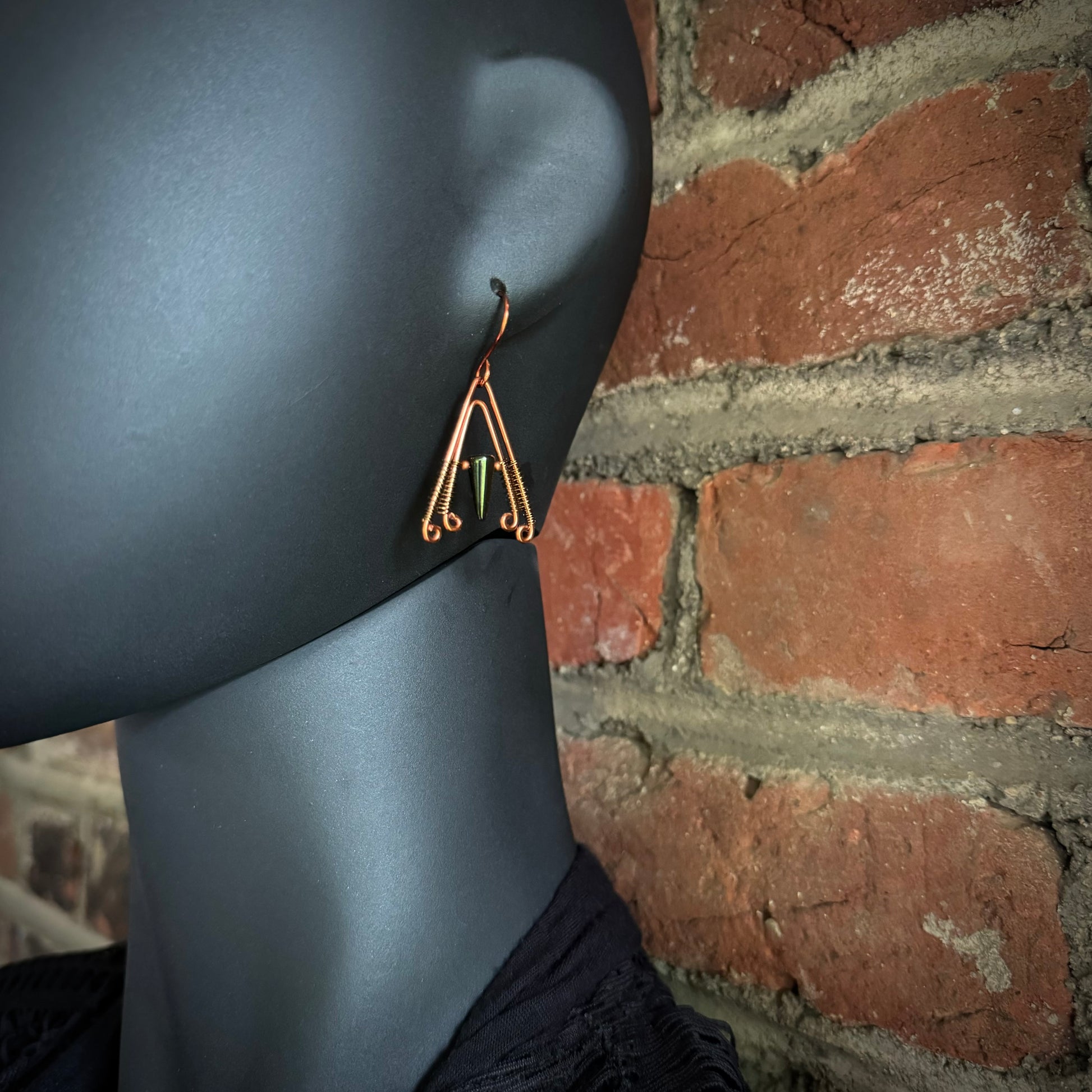 Jet, Copper, and Antique Bronze A-Frame Earrings - R.Kaelber Art