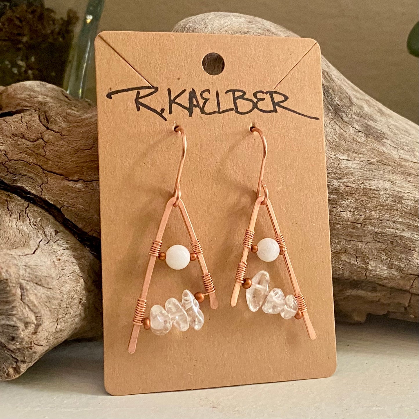 Rainbow Moonstone and Clear Quartz Copper Earrings - R.Kaelber Art