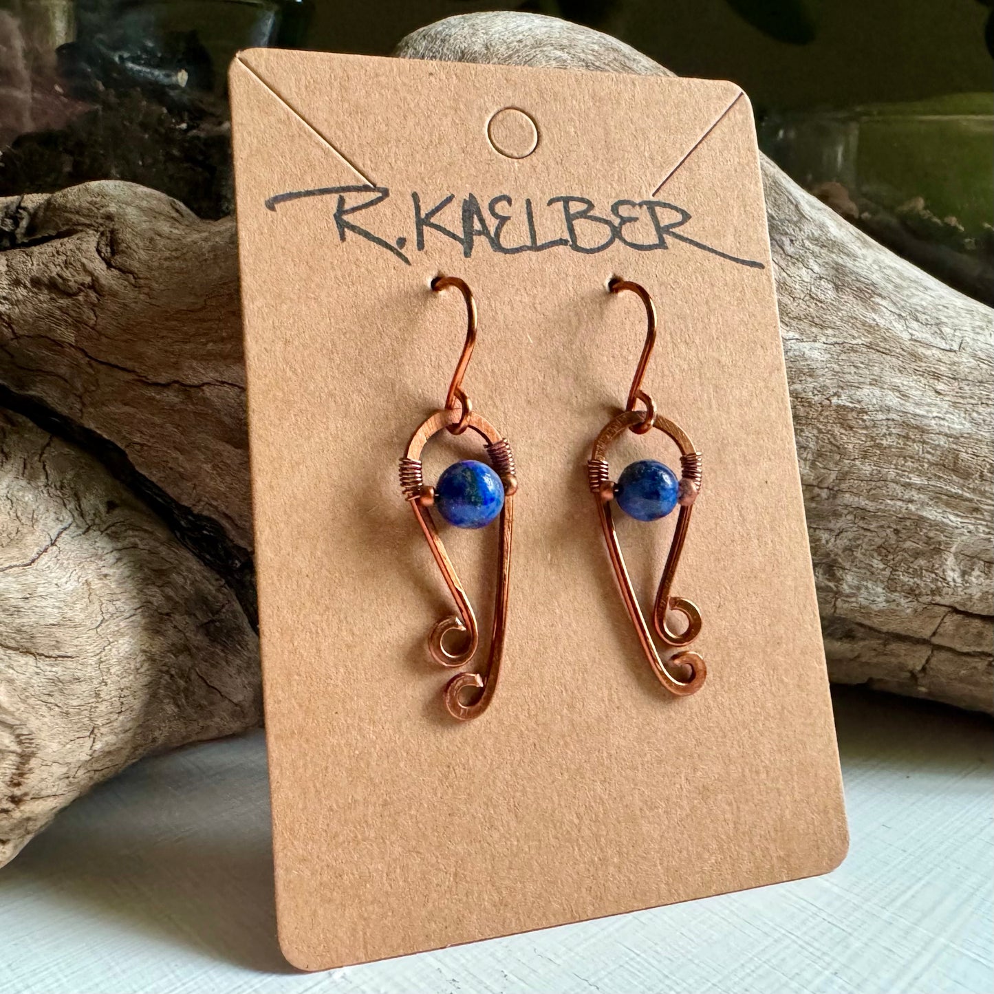 Lapis Lazuli Small Dangle Hammered Copper Earrings