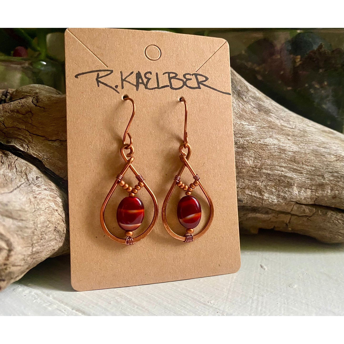 Red Tiger’s Eye and Copper Teardrop Earrings - R.Kaelber Art