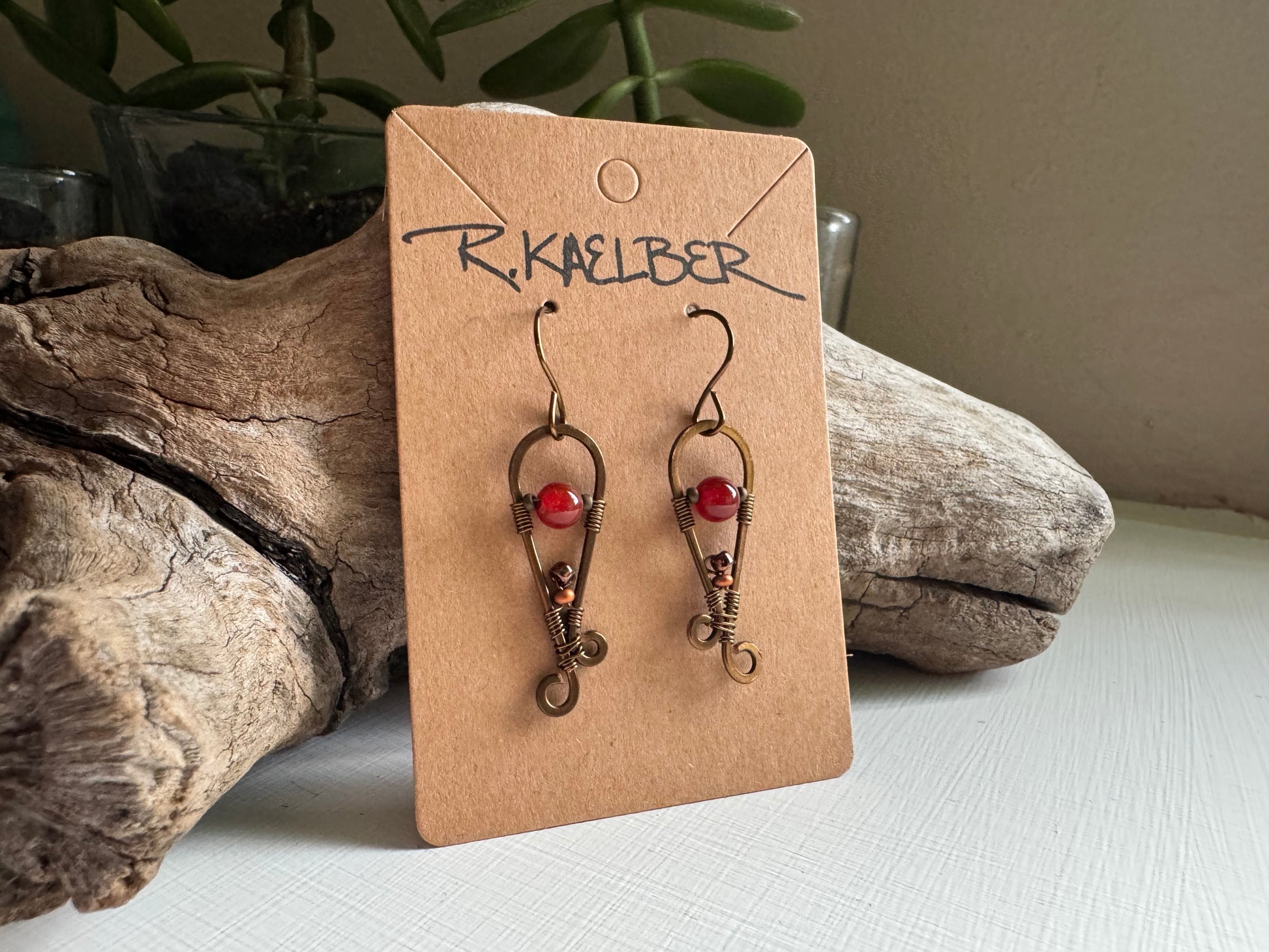 Carnelian and Antique Bronze Dangle Earrings - R.Kaelber Art