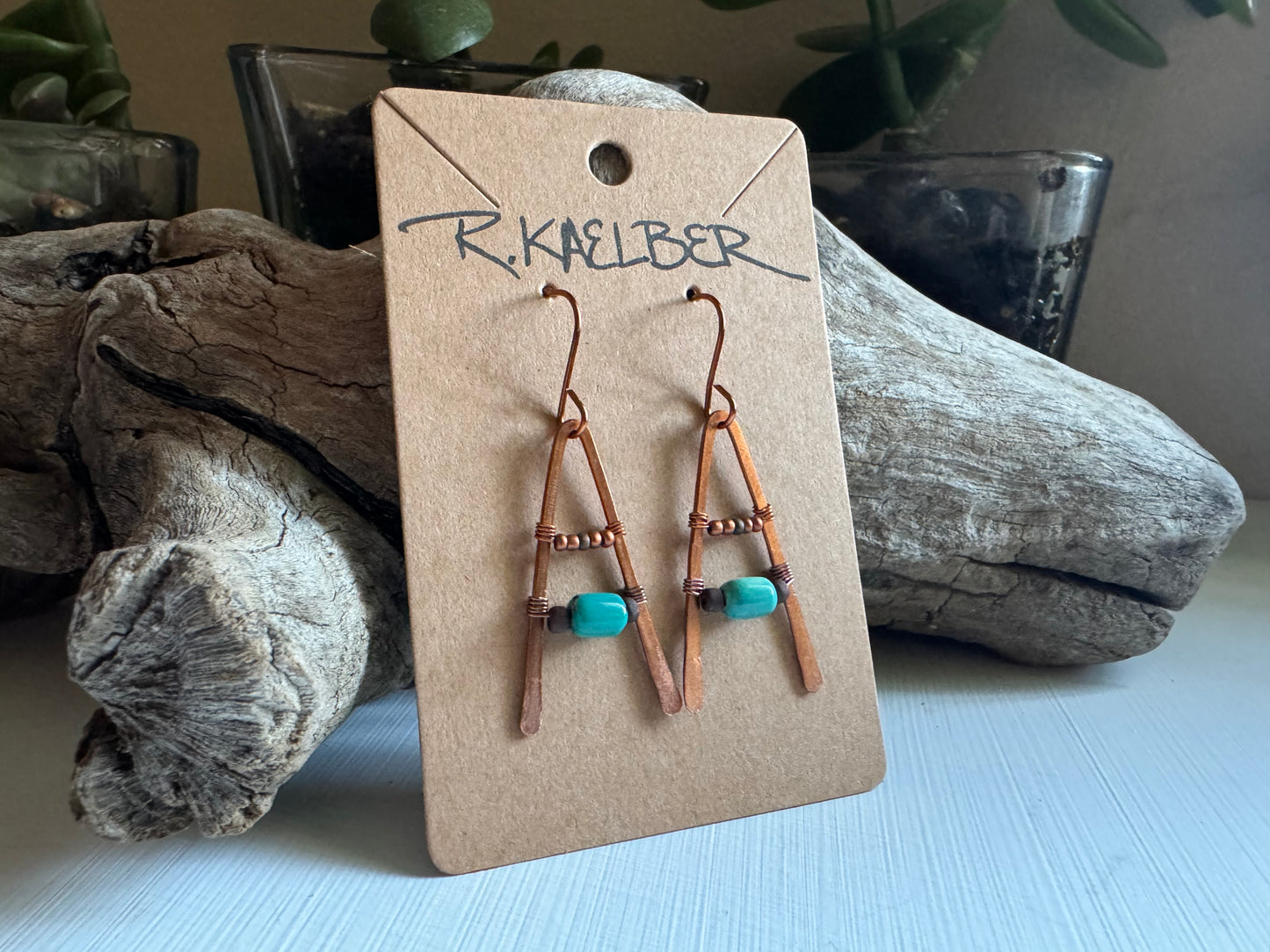 Turquoise A-Frame Earrings with Hammered Copper - R.Kaelber Art