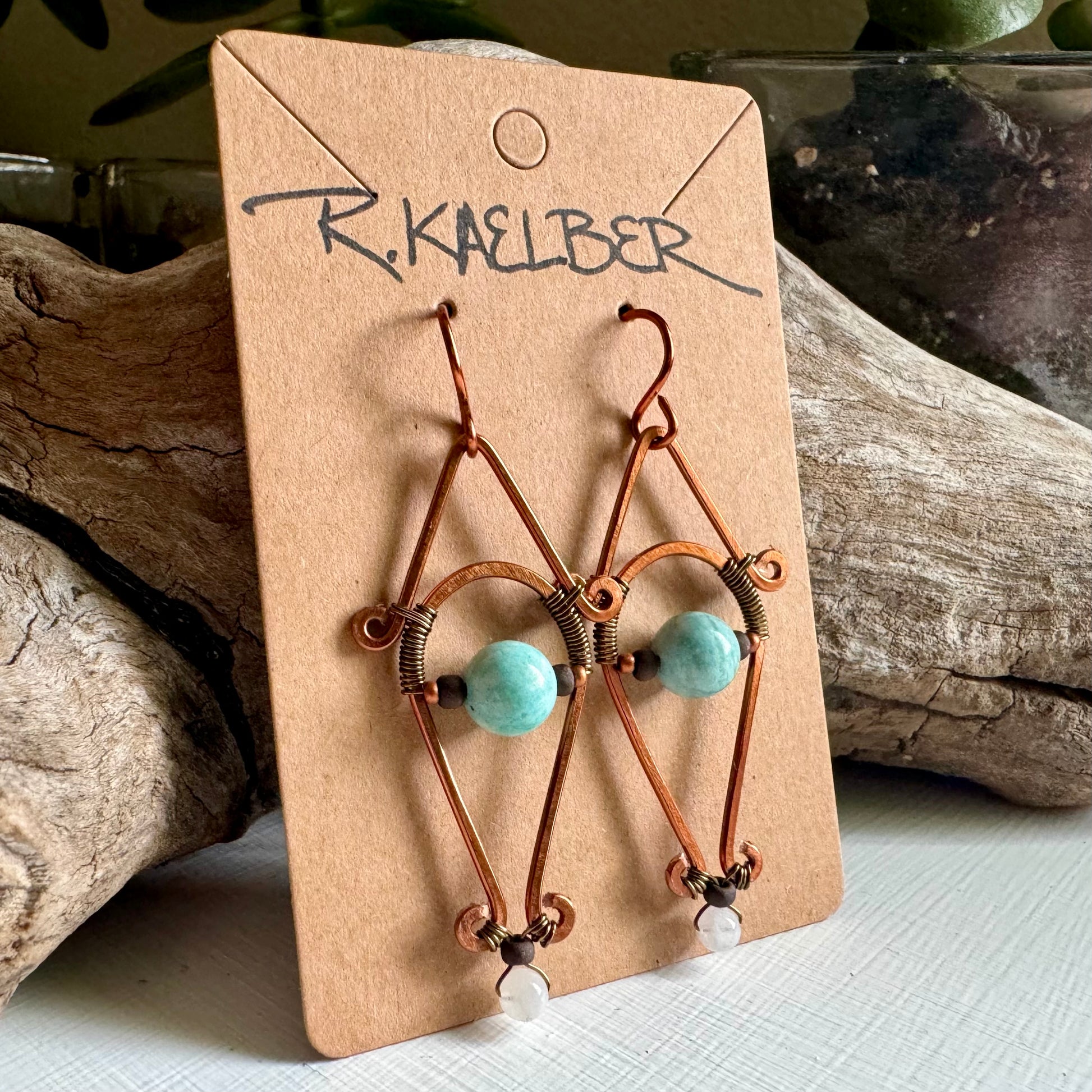 Amazonite and Rainbow Moonstone Dangle Earrings with Copper and Antique Bronze - R.Kaelber Art