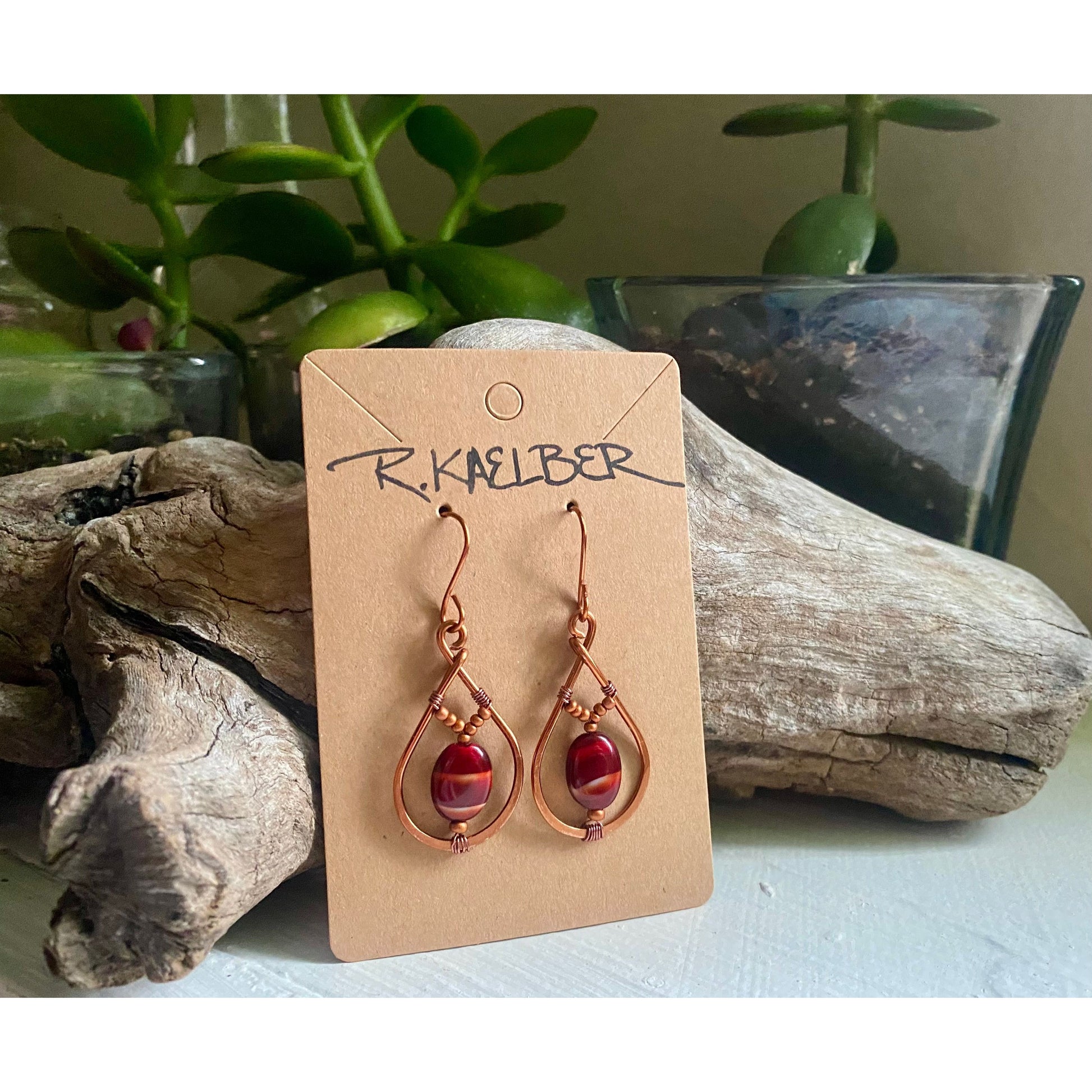 Red Tiger’s Eye and Copper Teardrop Earrings - R.Kaelber Art