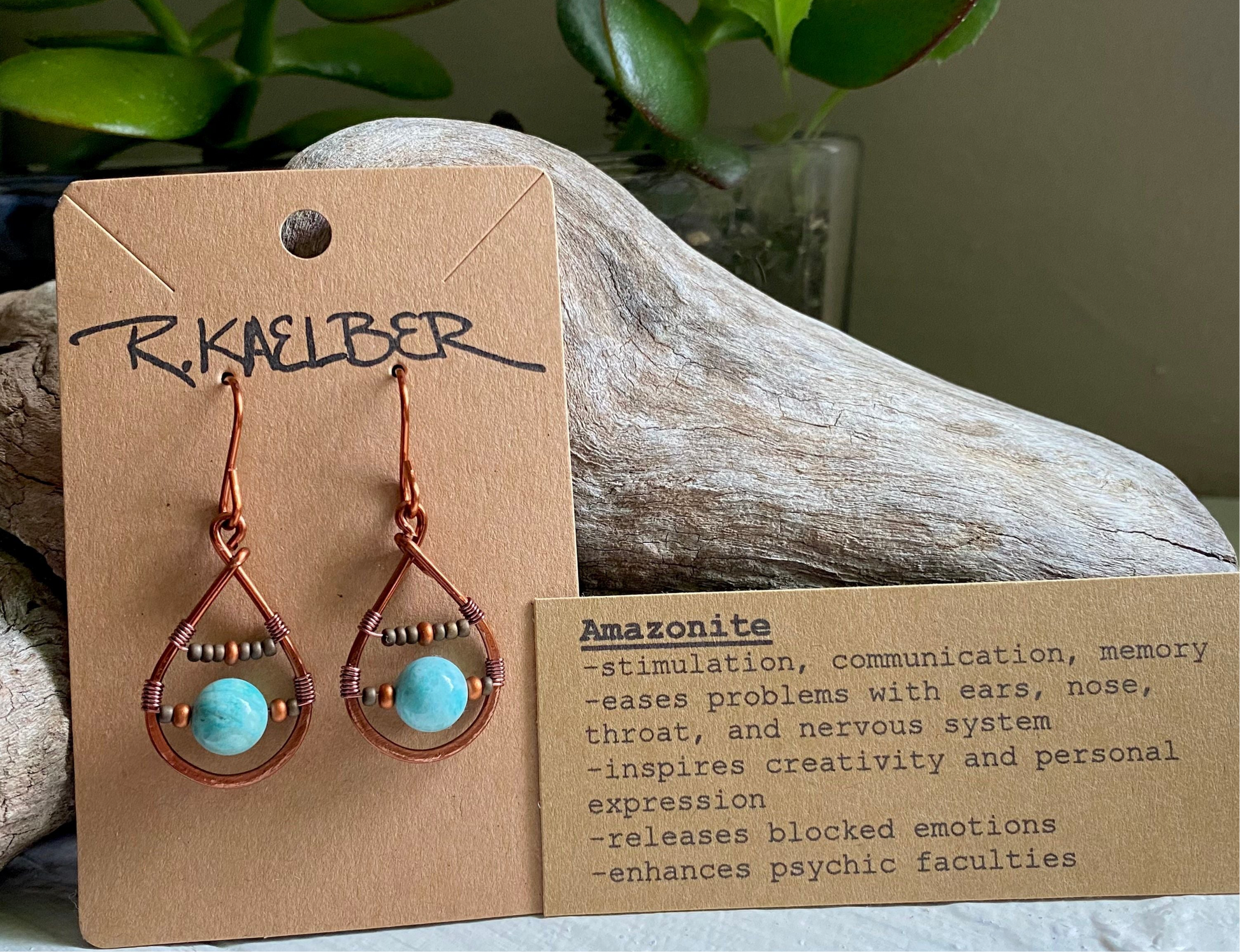 Amazonite Teardrop Earrings with Copper and Seedbeads - R.Kaelber Art