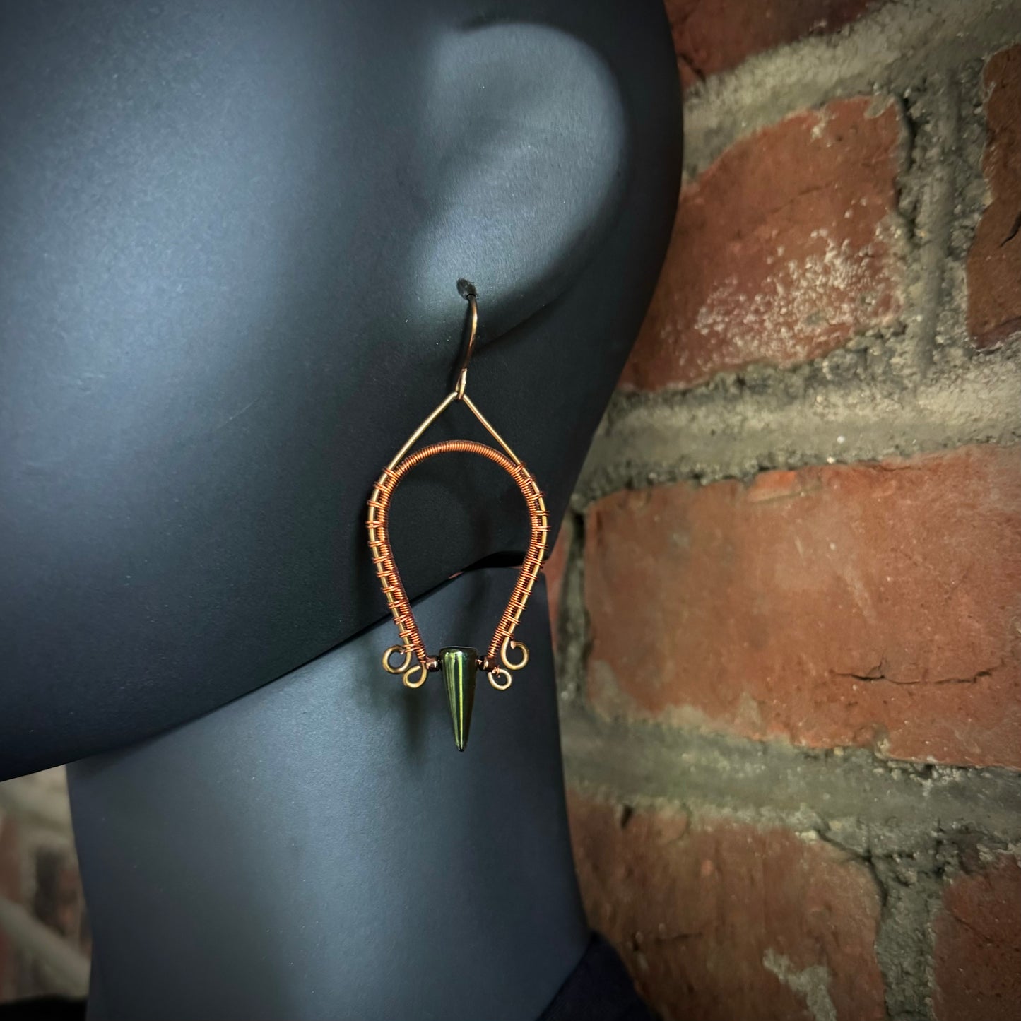 Jet, Copper, and Antique Bronze Wire Wrapped Dangle Earrings