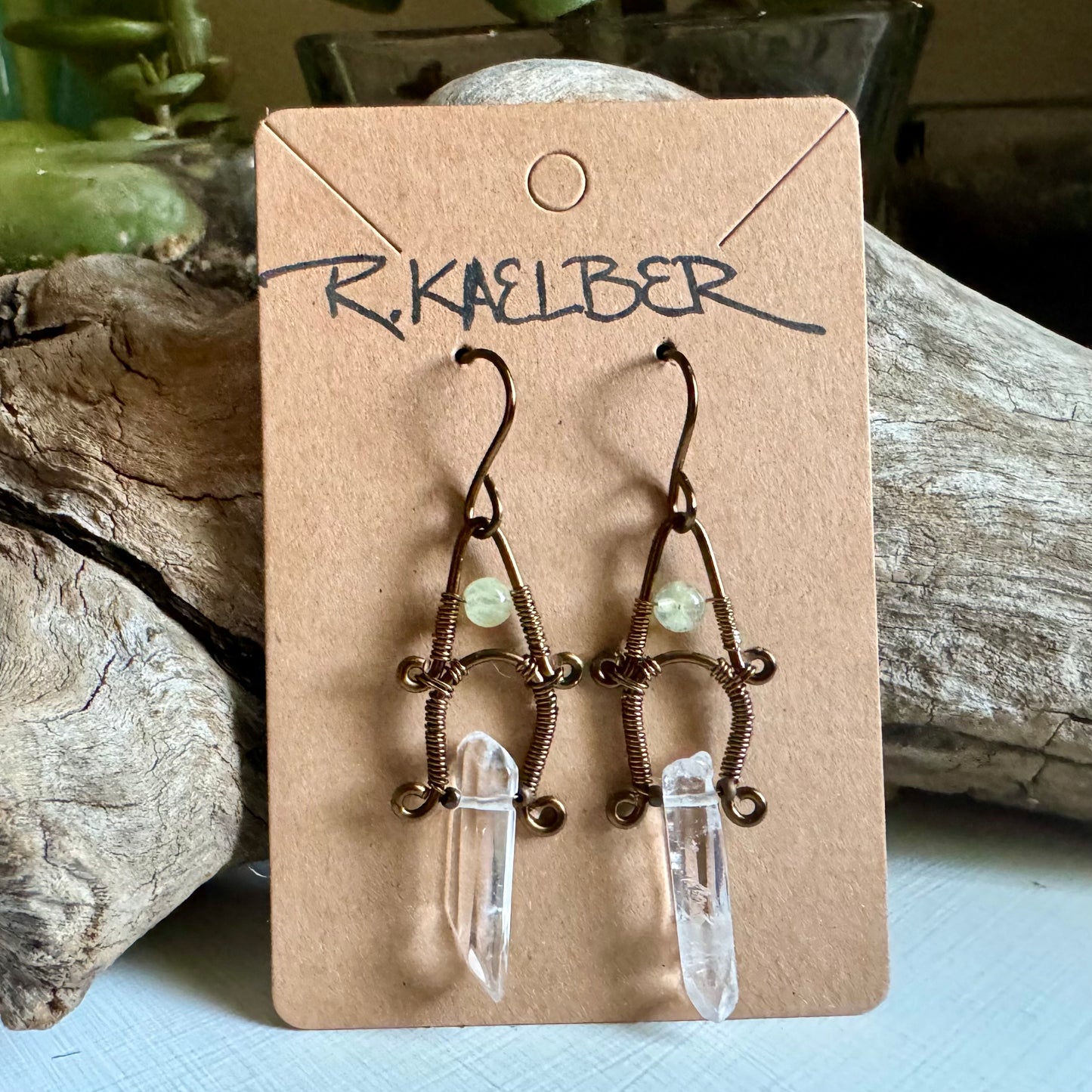 Prehnite, Clear Quartz and Antique Bronze Dangle Earrings