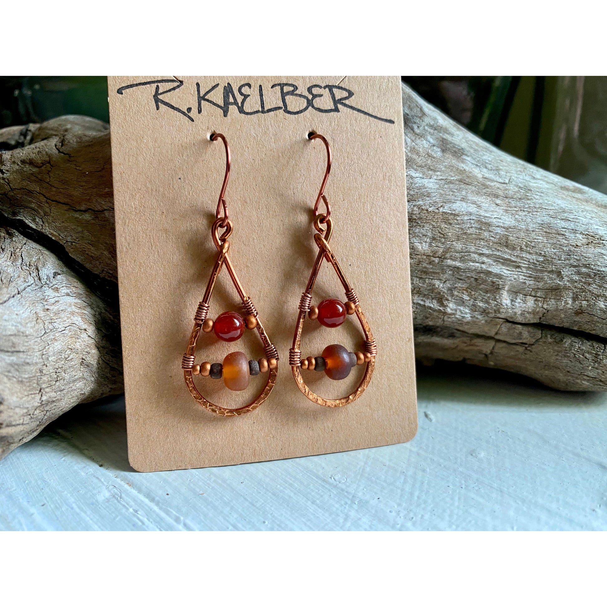 Carnelian and Horn Teardrop Earrings - R.Kaelber Art