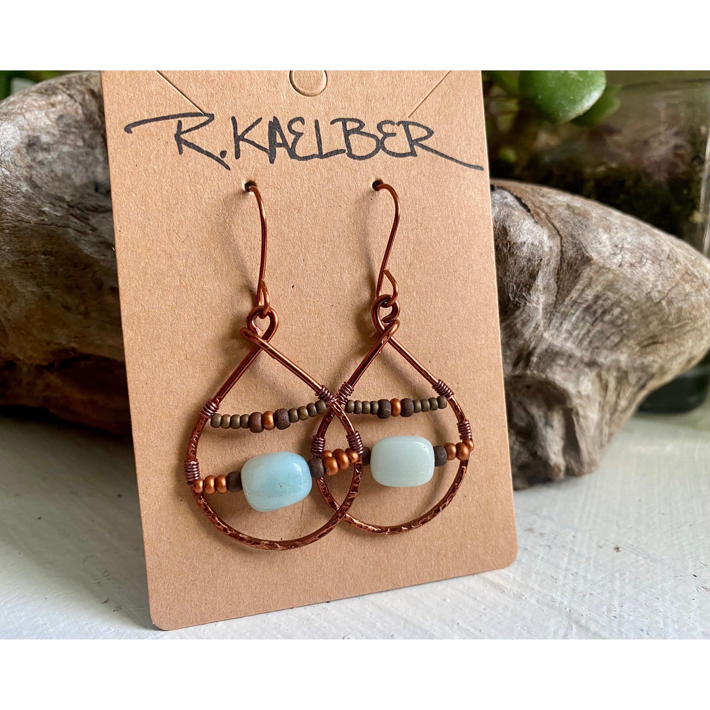 Amazonite Teardrop Earrings with Copper and Seedbeads - R.Kaelber Art