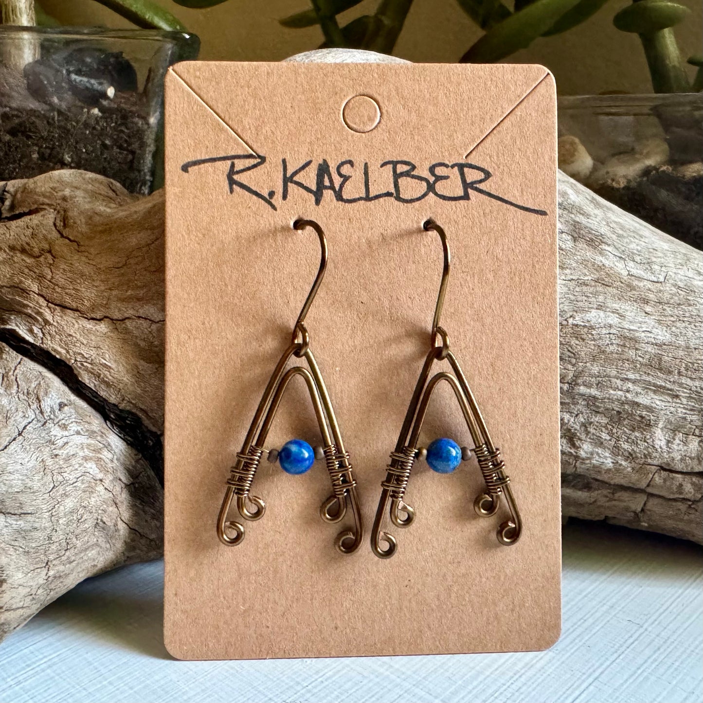 Lapis Lazuli Wire Wrapped A-Frame Earrings with Antique Bronze