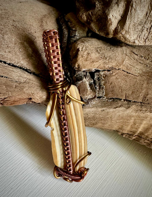Shell Wire Wrapped Pendant with Copper and Antique Bronze