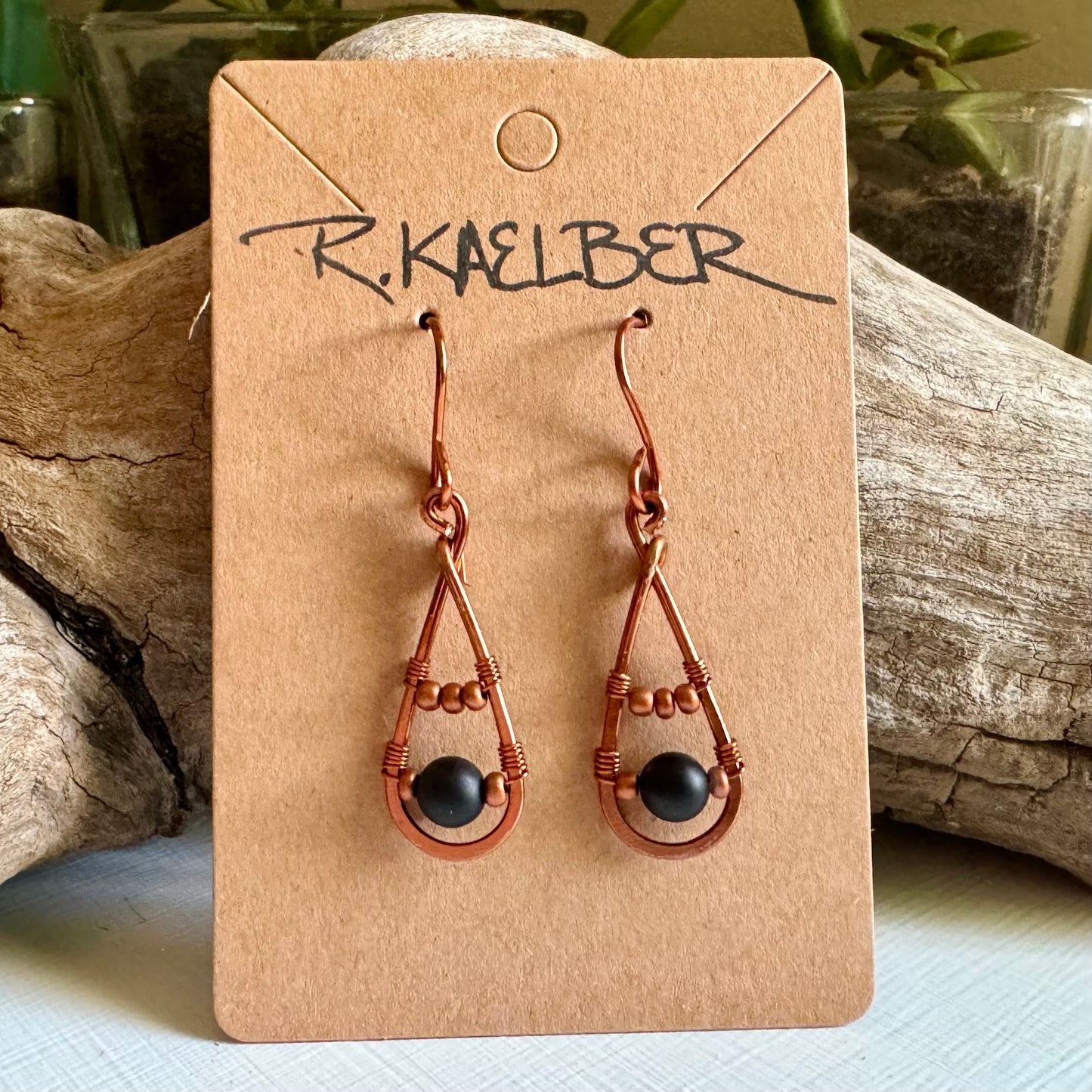 Onyx and Copper Teardrop Earrings - R.Kaelber Art