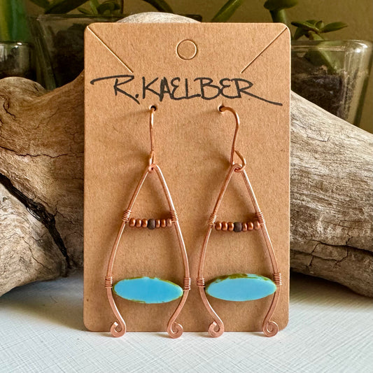 Glass (turquoise color)and Hammered Copper Dangle Earrings - R.Kaelber Art