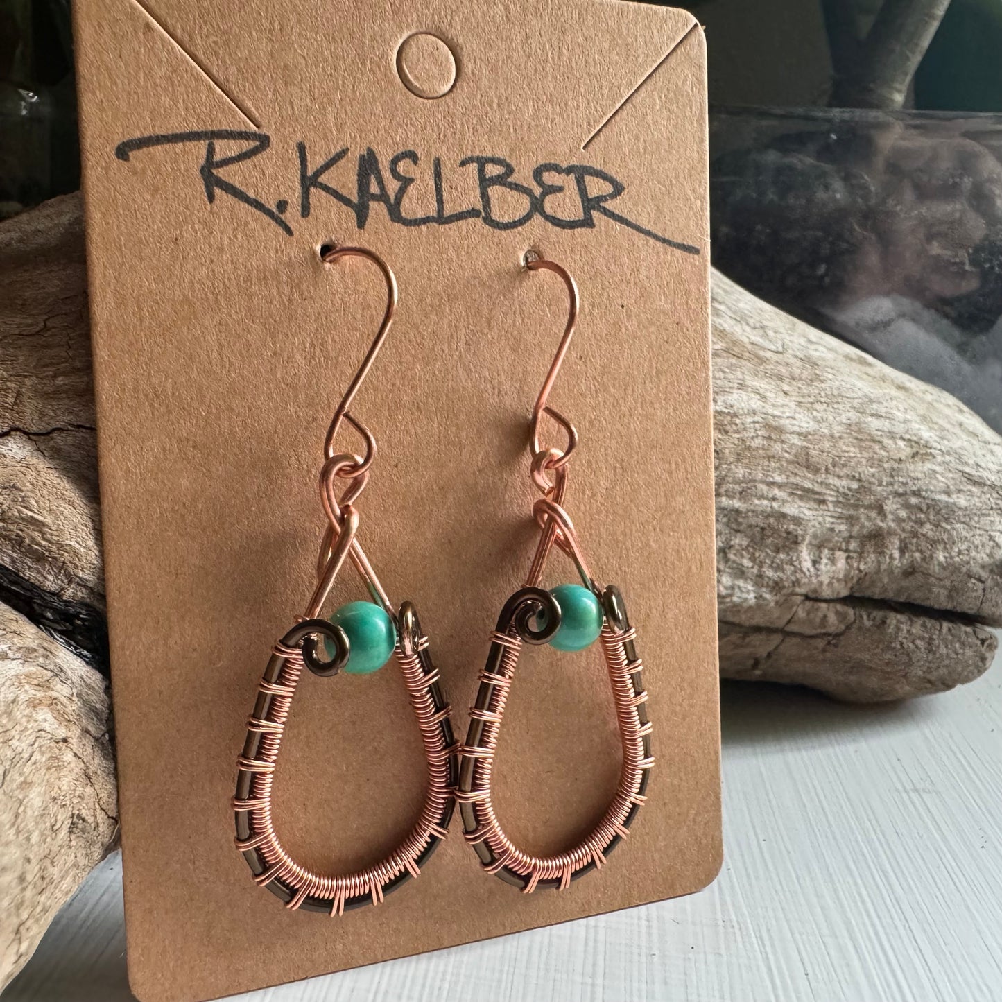 Turquoise Teardrop Earrings with Wire Wrapped Copper and Antique Bronze - R.Kaelber Art