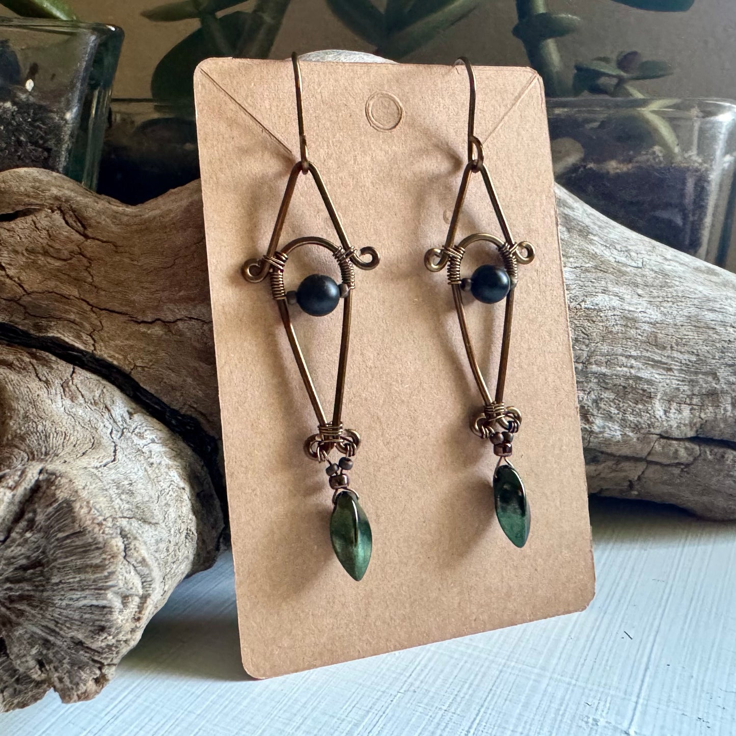 Onyx, Jet, and Antique Bronze Dangle Earrings