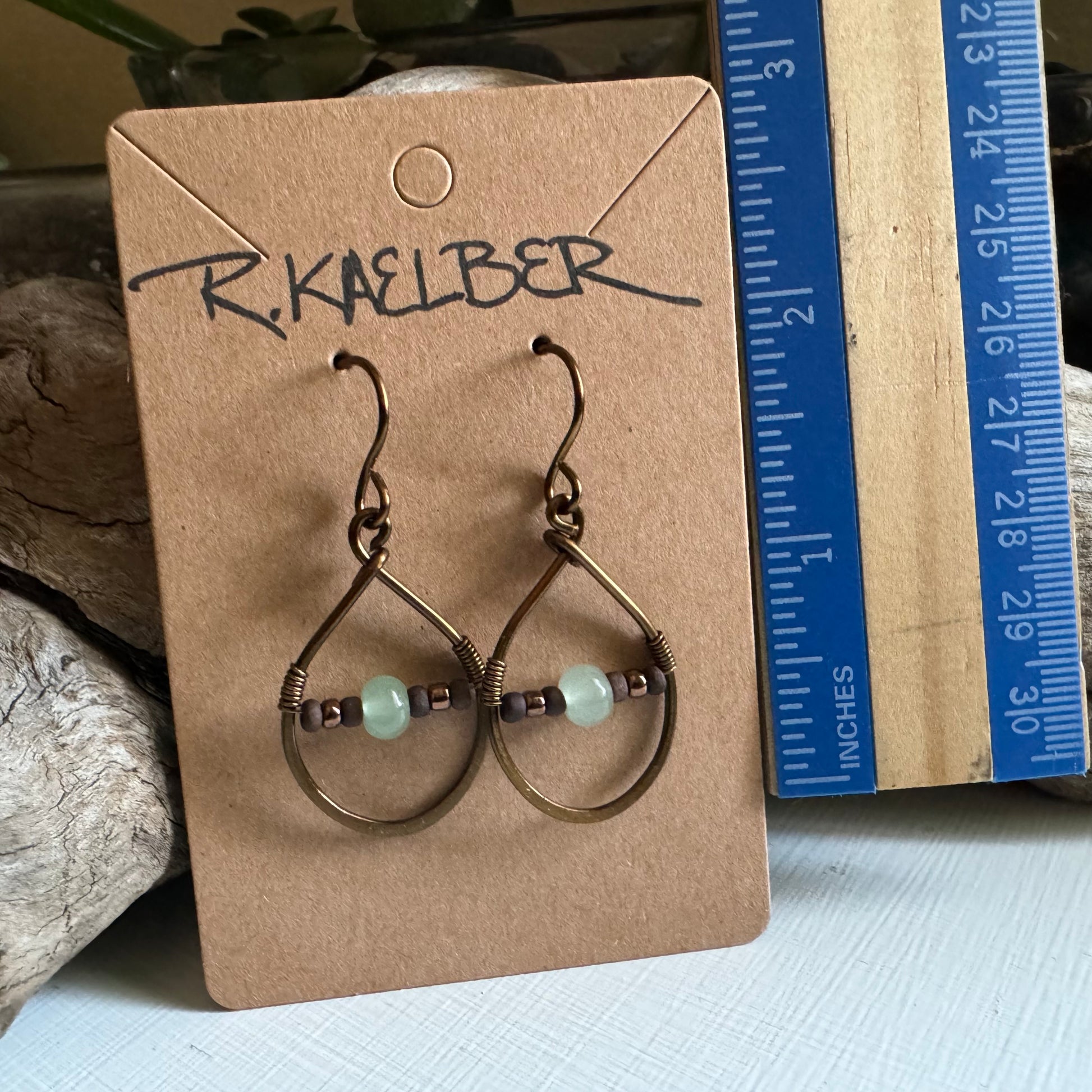 Aventurine and Hammered Antique Bronze Teardrop Earrings - R.Kaelber Art