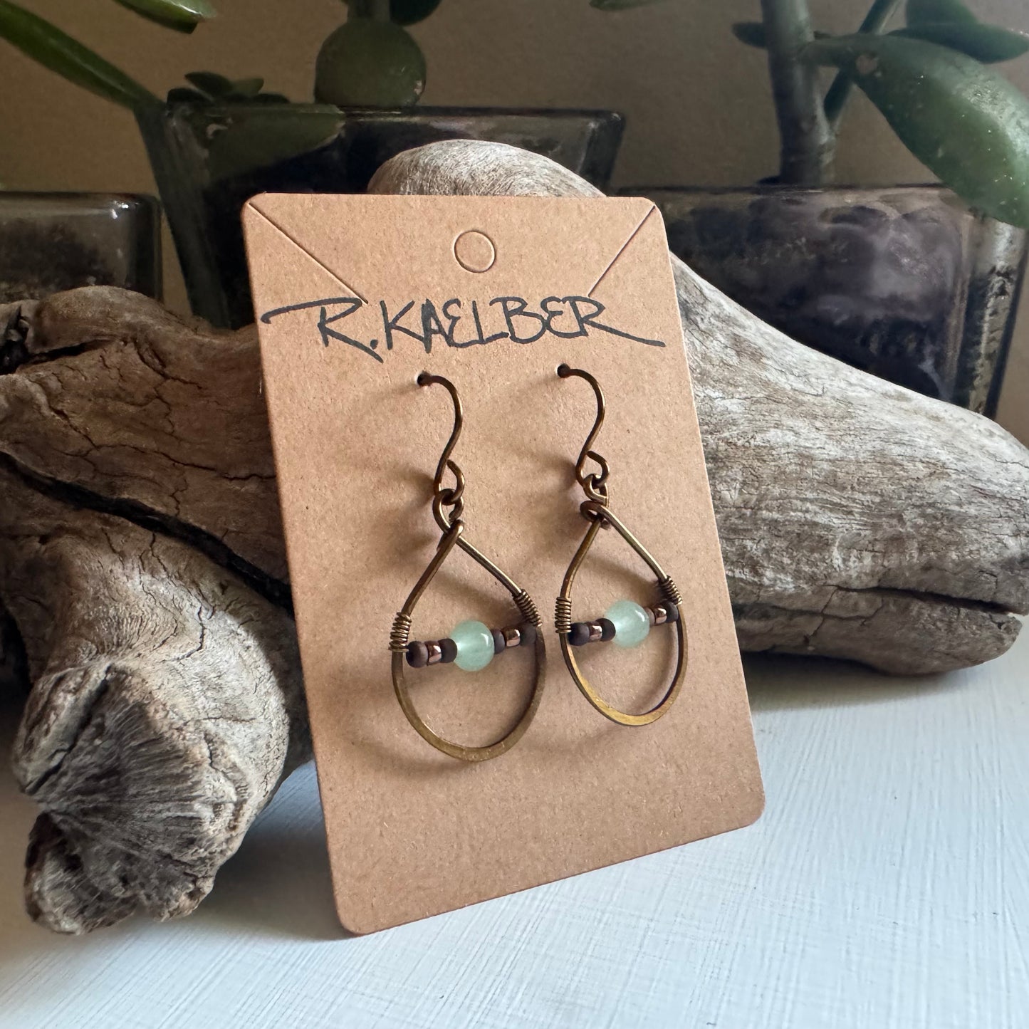 Aventurine and Hammered Antique Bronze Teardrop Earrings - R.Kaelber Art