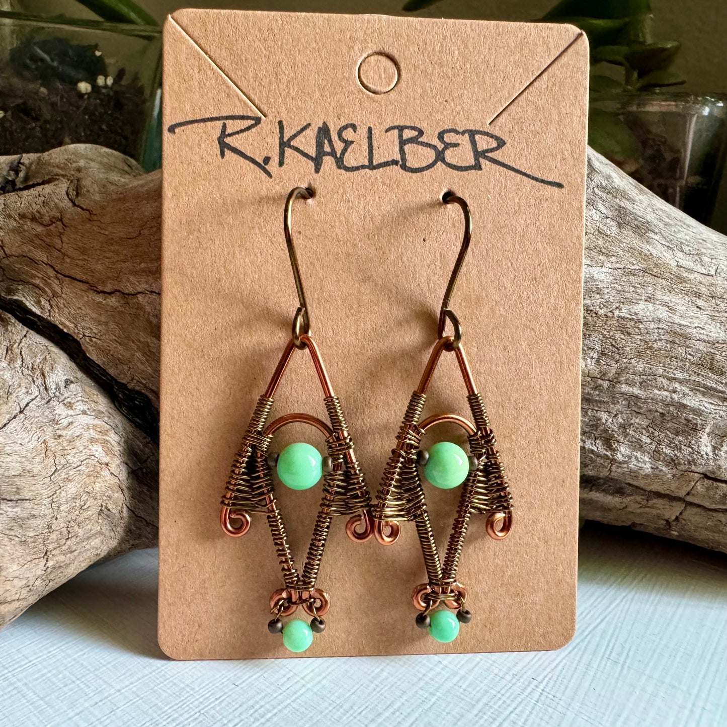 Green Opal,Copper, and Antique Bronze Dangle Earrings - R.Kaelber Art