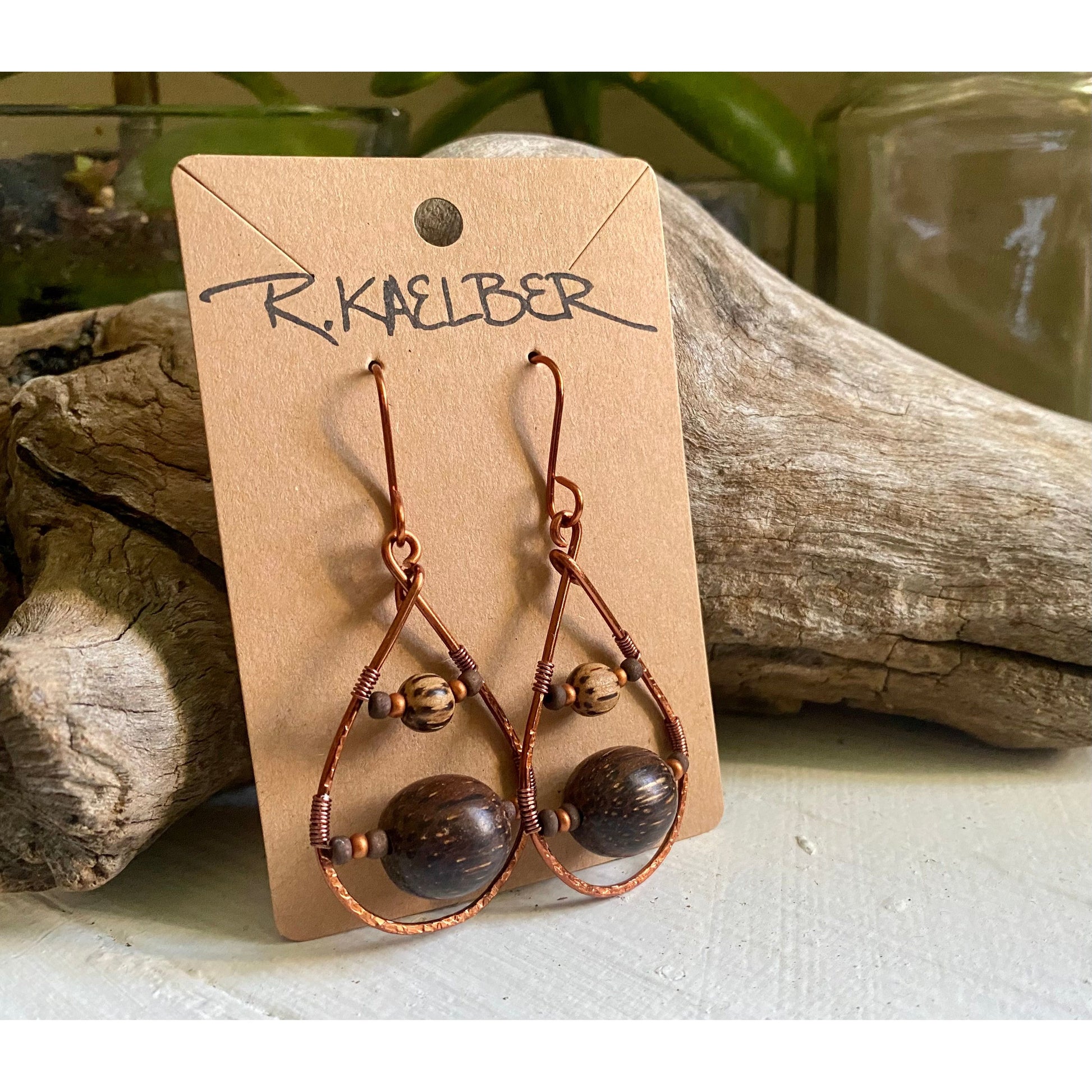 Wood and Copper Teardrop Earrings - R.Kaelber Art