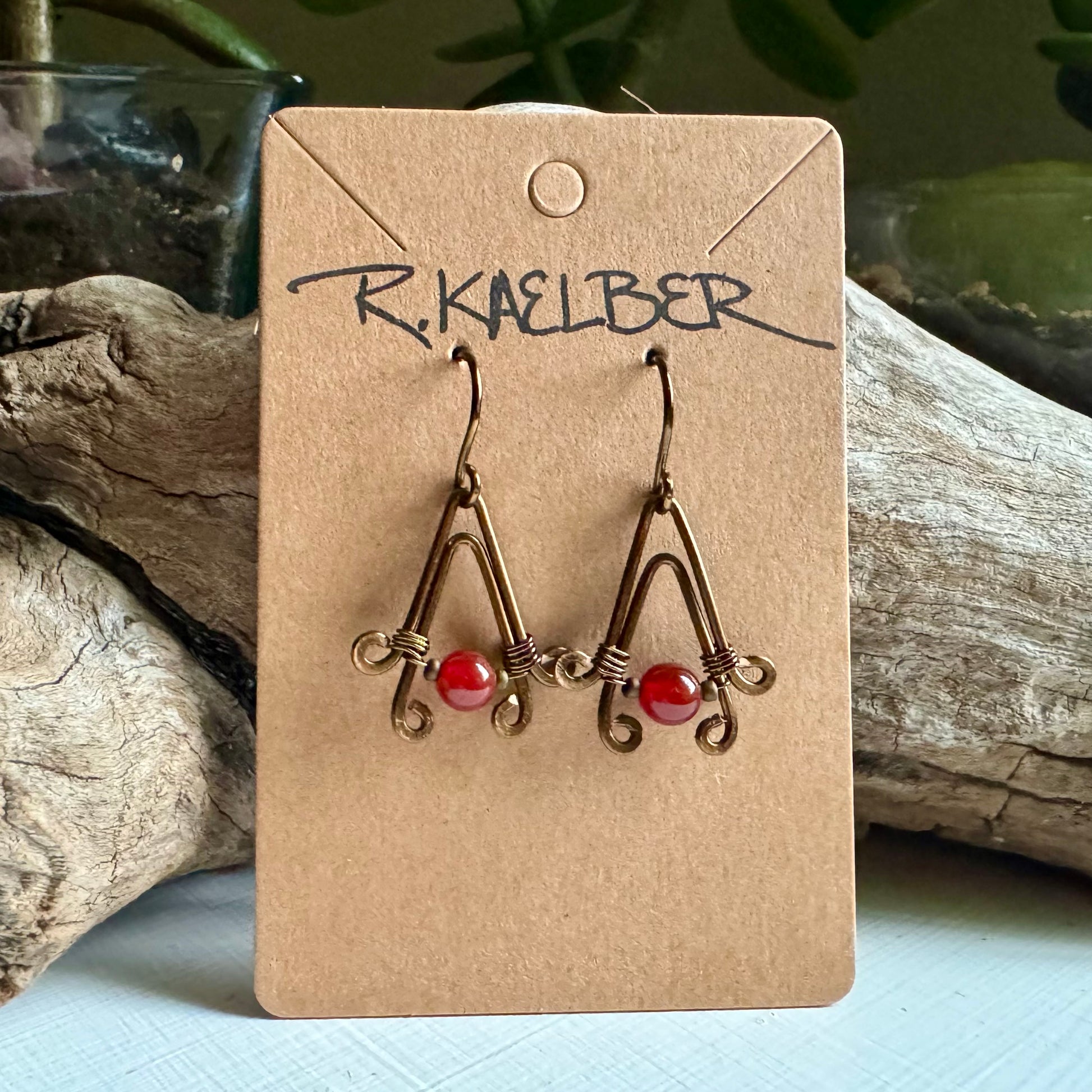 Carnelian and Antique Bronze A-Frame Earrings - R.Kaelber Art