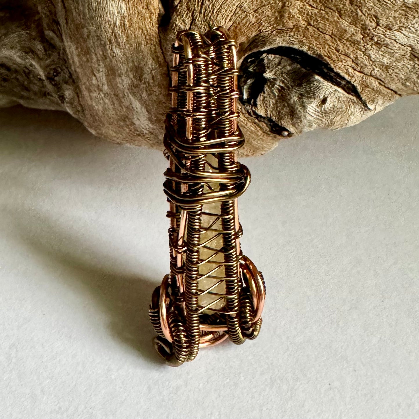 Citrine and Carnelian Wire Wrapped Pendant with Copper and Antique Bronze - R.Kaelber Art